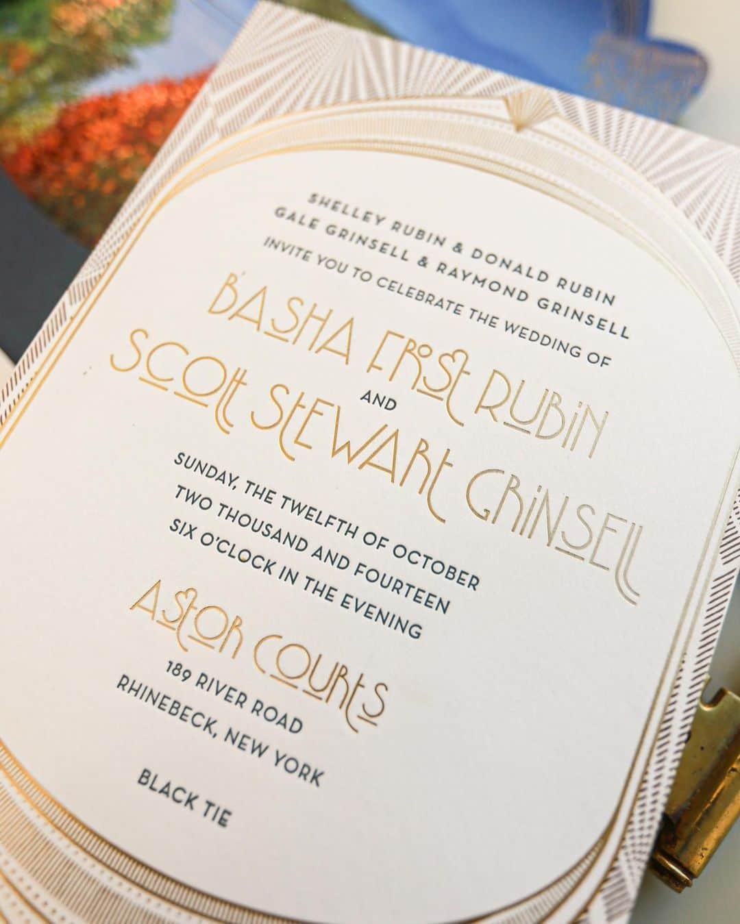 Ceci Johnsonさんのインスタグラム写真 - (Ceci JohnsonInstagram)「WEDDING | Reflecting on a timeless yet still exquisite design, our archive couture invitation crafted for Basha and Scott’s fall wedding in 2014 continues to captivate.  Our concept for this invitation was to capture the breathtaking view of the Hudson River during the fall season, which they’ll experience from their wedding venue at Astor Courts. We incorporated this scene as the envelope line in hand-painted watercolor, with gold foil accents resembling autumn leaves.  We designed a custom pattern and laser-cut it onto the invitation inspired by the architectural details of Astor Courts. The invitation features blue letterpress with gold foil on 2-ply paper.  #CeciCouture  #cecinewyork #coutureinvitations #weddingdesign #hudsonriverviews #fallwedding #invitationinspiration #lasercutdesign #luxurywedding #fallleaves」11月12日 0時15分 - cecinewyork