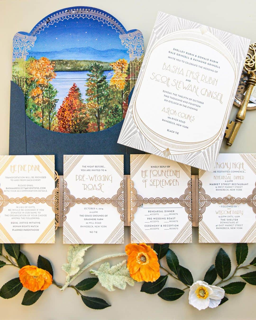 Ceci Johnsonさんのインスタグラム写真 - (Ceci JohnsonInstagram)「WEDDING | Reflecting on a timeless yet still exquisite design, our archive couture invitation crafted for Basha and Scott’s fall wedding in 2014 continues to captivate.  Our concept for this invitation was to capture the breathtaking view of the Hudson River during the fall season, which they’ll experience from their wedding venue at Astor Courts. We incorporated this scene as the envelope line in hand-painted watercolor, with gold foil accents resembling autumn leaves.  We designed a custom pattern and laser-cut it onto the invitation inspired by the architectural details of Astor Courts. The invitation features blue letterpress with gold foil on 2-ply paper.  #CeciCouture  #cecinewyork #coutureinvitations #weddingdesign #hudsonriverviews #fallwedding #invitationinspiration #lasercutdesign #luxurywedding #fallleaves」11月12日 0時15分 - cecinewyork