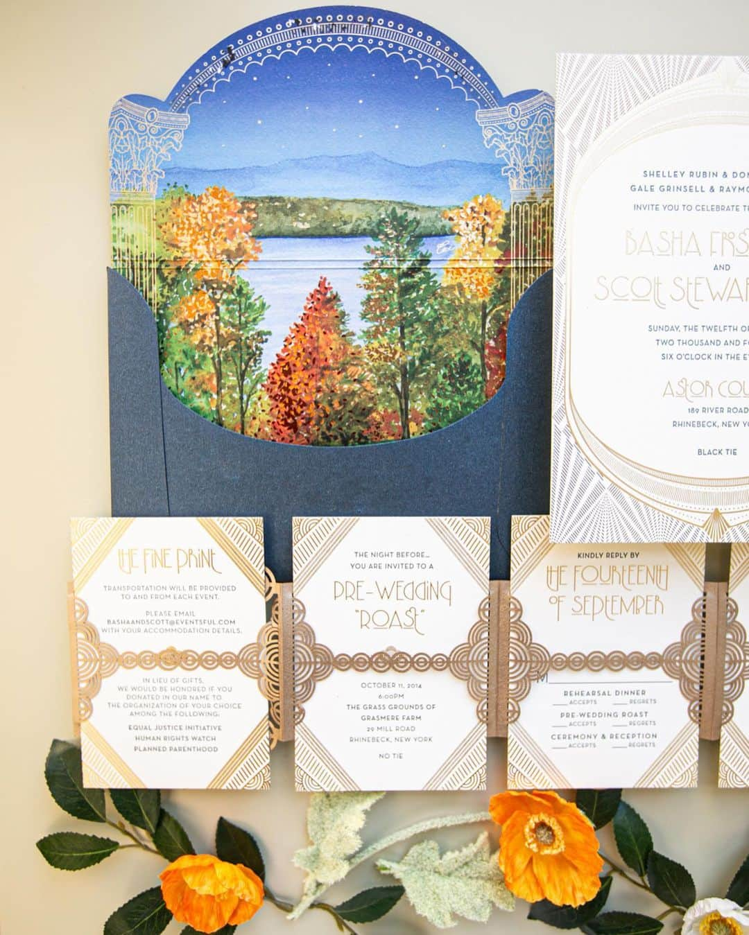 Ceci Johnsonさんのインスタグラム写真 - (Ceci JohnsonInstagram)「WEDDING | Reflecting on a timeless yet still exquisite design, our archive couture invitation crafted for Basha and Scott’s fall wedding in 2014 continues to captivate.  Our concept for this invitation was to capture the breathtaking view of the Hudson River during the fall season, which they’ll experience from their wedding venue at Astor Courts. We incorporated this scene as the envelope line in hand-painted watercolor, with gold foil accents resembling autumn leaves.  We designed a custom pattern and laser-cut it onto the invitation inspired by the architectural details of Astor Courts. The invitation features blue letterpress with gold foil on 2-ply paper.  #CeciCouture  #cecinewyork #coutureinvitations #weddingdesign #hudsonriverviews #fallwedding #invitationinspiration #lasercutdesign #luxurywedding #fallleaves」11月12日 0時15分 - cecinewyork