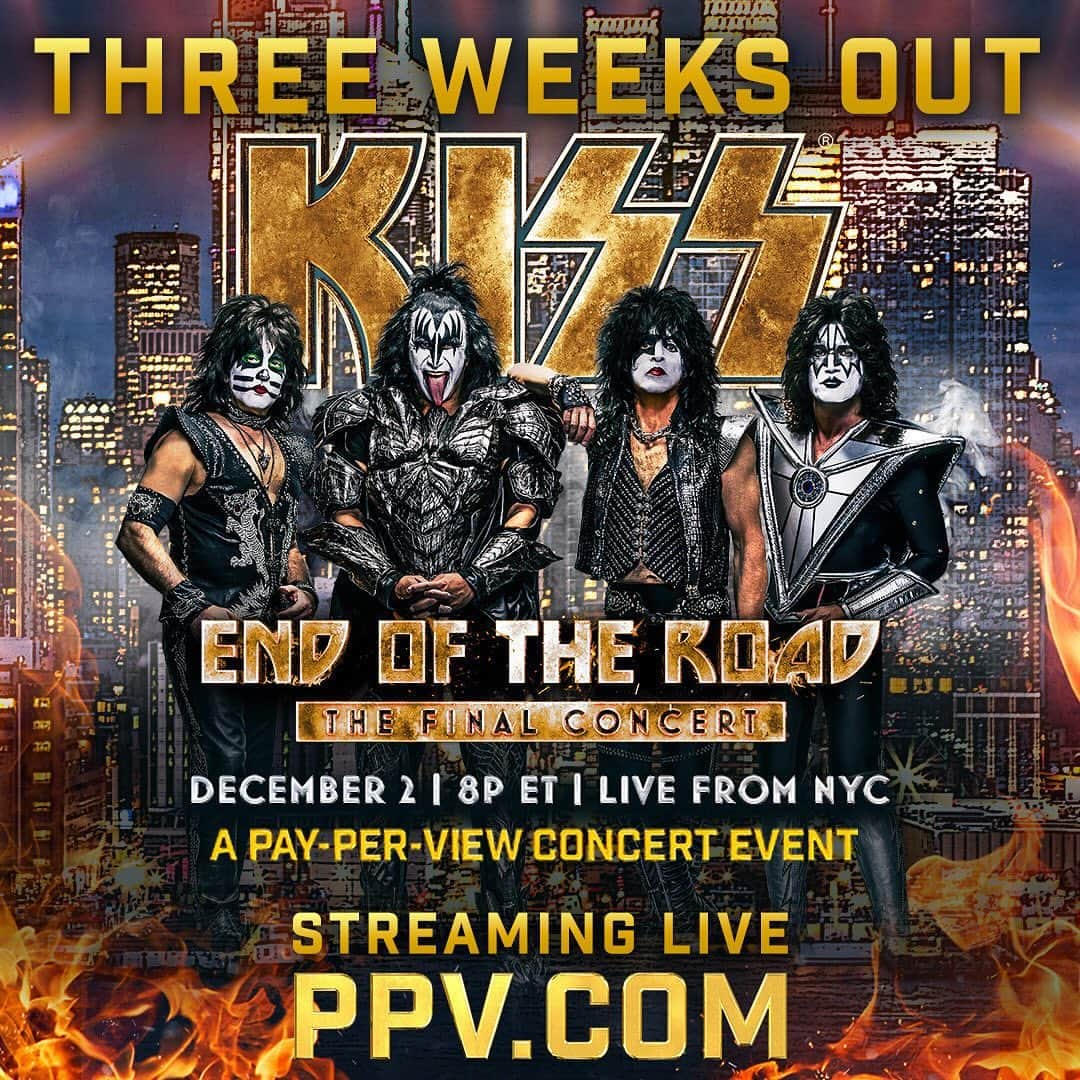 KISSのインスタグラム：「3 weeks until @kissonline takes the stage for their final concert 🎸  #EndOfTheRoadPPV streaming worldwide, exclusively on PPV.COM! Order link in bio.   #KISS50 | #EndOfTheRoadTour | #KISSArmy」