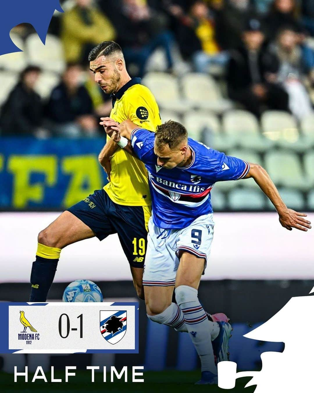 UCサンプドリアのインスタグラム：「⏸ HALF TIME   Il gol di #Esposito vale il vantaggio, continuiamo così ragazzi! 💪🏻   #ModenaSamp 0-1 | #SerieBKT   #ForzaDoria 🔵⚪️🔴⚫️⚪️🔵」