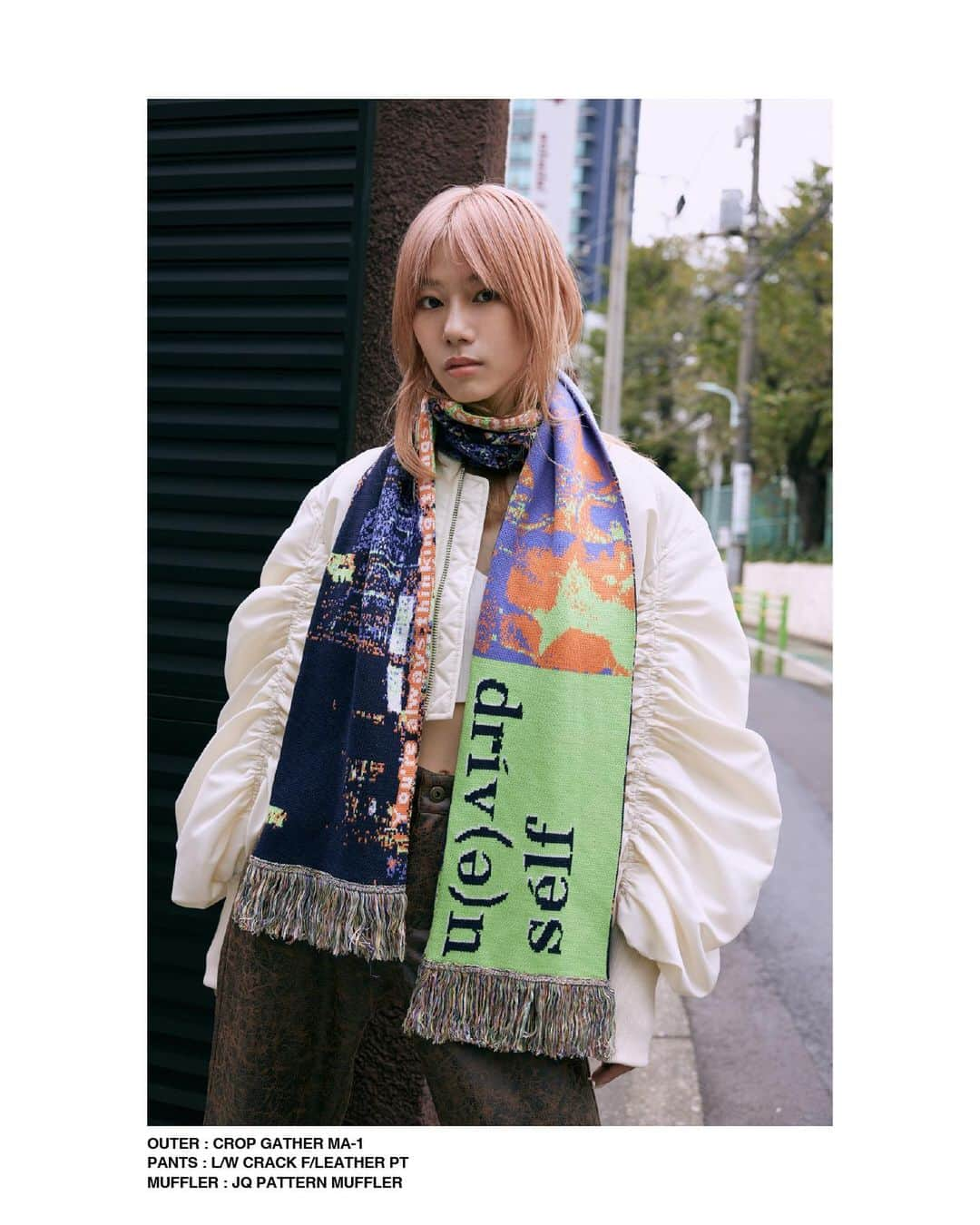 SLY OFFICIAL INFORMATIONのインスタグラム：「ㅤㅤㅤㅤ #SLY_info @iori_seki【163cm】 SLY 企画 __________________________________ SLY店舗・WEBSTORE・ZOZOTOWNにて販売中  ☑︎CROP GATHER MA-1 (030GAR30-1180) IVOY,BLK,D/RED ㅤㅤㅤㅤㅤㅤㅤㅤㅤㅤㅤㅤㅤ ☑︎L/W CRACK F/LEATHER PT (030GAZ31-3900) BRN,BLK  ☑︎JQ PATTERN MUFFLER (030GAA72-3780) M/LIME,M/RED ㅤㅤㅤㅤㅤㅤㅤㅤㅤㅤㅤㅤㅤ ☑︎90's CHUNKY BOOTS (030GAZ55-0520) BLK,D/RED,GRY __________________________________ ※配送の都合により発売日が異なる場合がございます。 ※店舗により在庫状況が異なります。 #SLY #SLY_fav」