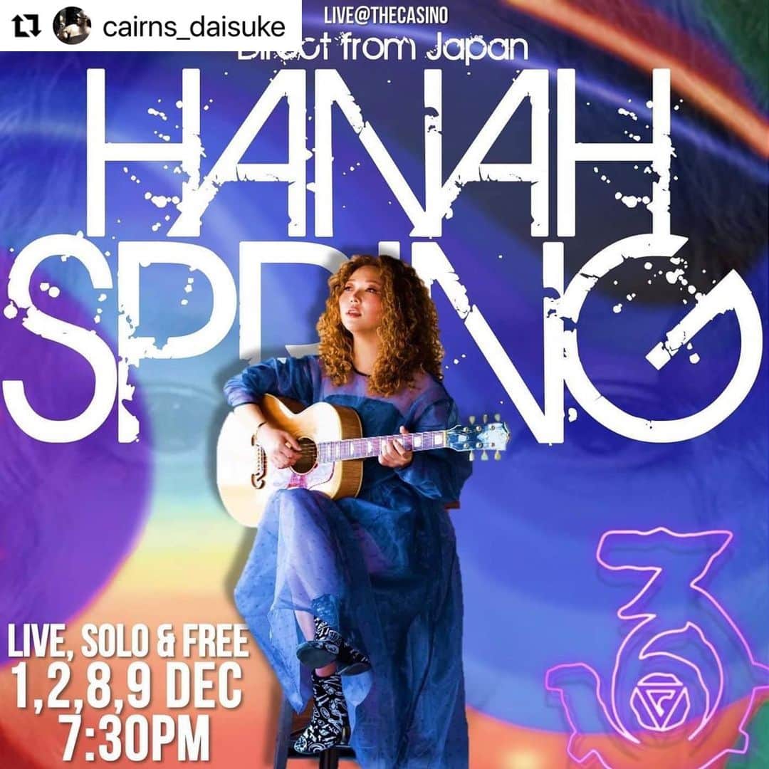 HanaHのインスタグラム：「Cairns! ケアンズ歌いに行きます🎤👩‍🦱🇦🇺  オーガナイザー大ちゃんがキッズにもフリーで生の音楽を聴いてもらいたいとの思いから実現しました、有難う！ @cairns_daisuke  ケアンズの自然やアボリジニの音楽にも触れてみたいと思います。 supported by @mightyaussie ・・・ Hanah Spring Live in Cairns@Casino BAR36 Admission free.  12月1(金),2(土),8(金),9(土),19:30〜  Supported by Mighty Aussie Adventure @mightyaussie   Direct from Japan, Hanah Spring singer song writer graces the BAR36 stage in December.   Enjoy the chilled Jazz & Soul vibes, live & acoustic, as Hanah takes you on a musical journey like no other.  Hanah has opened for international artists such as Erykah Badu, The Roots, Musiq Soulchild and many more,  as well as joining the national tour on stage with Japanese R&B sensation “Misia”.  Hanah performs as a solo musician at venues and festivals throughout Japan and abroad and has just released her debut album “SOZO” live at “Billboard Live Yokohama”.  So, order some dishes from Soy Kitchen, dine in BAR36 and catch Hanah Spring live & chilled….1,2,8,9 December from 7:30pm only at The Reef Hotel Casino.  #オーストラリア #オーストラリア旅行 #ケアンズ #ケアンズ旅行 #ケアンズ観光  #ケアンズツアー #ケアンズオプショナルツアー #ケアンズチャーターツアー #ケアンズ情報 #ケアンズ行きたい #オーストラリア行きたい #旅  #旅行 #家族旅行 #卒業旅行 #一人旅 #女子旅 #社員旅行 #団体旅行 #ハネムーン #新婚旅行 #ワーホリ#ワーキングホリデー #バックパッカー #世界遺産 #旅スタグラム #freeconcert」