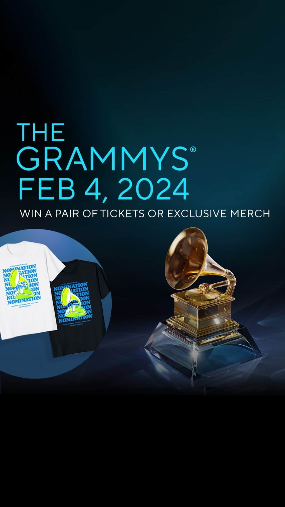 The GRAMMYsのインスタグラム：「🎶 Win a pair of tickets to the GRAMMY Awards or exclusive merch!  ✨ Five lucky winners will receive a pair of tickets to the the #GRAMMYs on Feb.4, 2024 at @cryptocomarena in Los Angeles. ✨ Additionally, ten winners will also be chosen to receive $100 worth of exclusive GRAMMY merch.  ↪️ Here’s how to enter: 1️⃣. Enter the giveaway at the link in our bio. 2️⃣. Opt-in to the GRAMMY.com newsletter. 3️⃣. Follow @RecordingAcademy on Instagram and GRAMMYs on TikTok. 4️⃣. Tag a friend in the comments.  🌟Enter by 9 PM PT on January 30, 2024. Winners will be named and notified on Jan. 31, 2024. Good luck!」