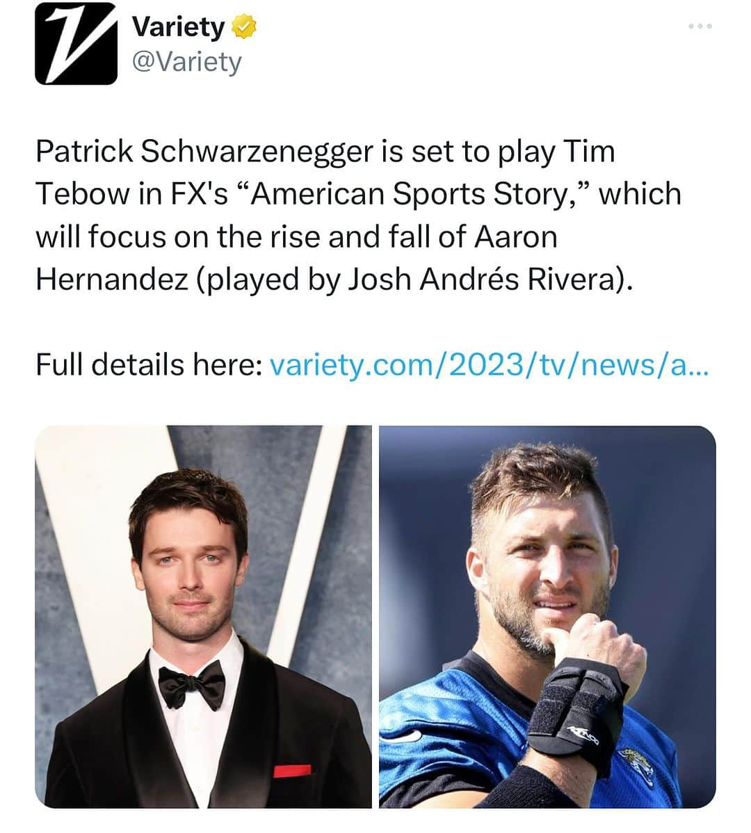 パトリック・シュワルツェネッガーのインスタグラム：「Also… im playing Tim Tebow!! IM PUMPED  This story is so wild. Aaron Hernandez had a wild life and career. I’m a massive football fan and I only knew a sliver of the full story… it’s crazy!   Honored to be part of this and to play such an awesome character. Can’t wait to bring this story to life. @joshandresrivera is a beast and is crushing It as Aaron. Can’t wait for you guys to watch It  Thank you @ryanmurphyproductions for believing in me and giving me this opportunity. Means a lot!   John 3:16」