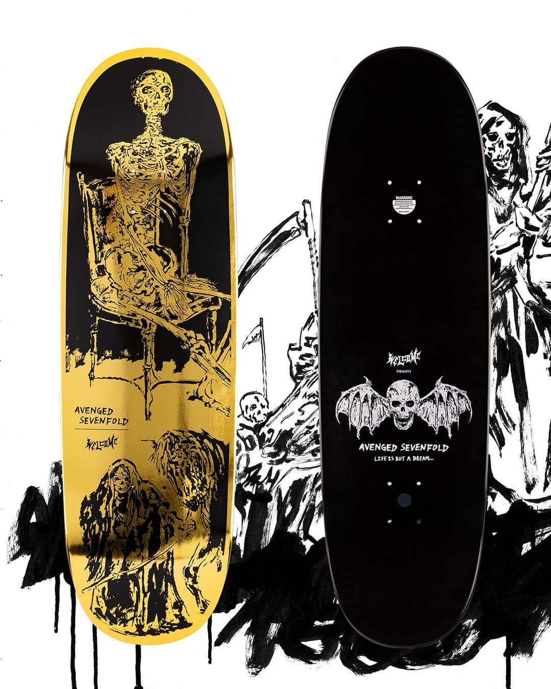 アヴェンジド・セヴンフォールドのインスタグラム：「Our custom LIBAD, Hail to the King, and Deathbat skate decks are also available at @zumiez [in-store and online]. Check out @welcomeskateboards latest post for an additional list of retailers.」