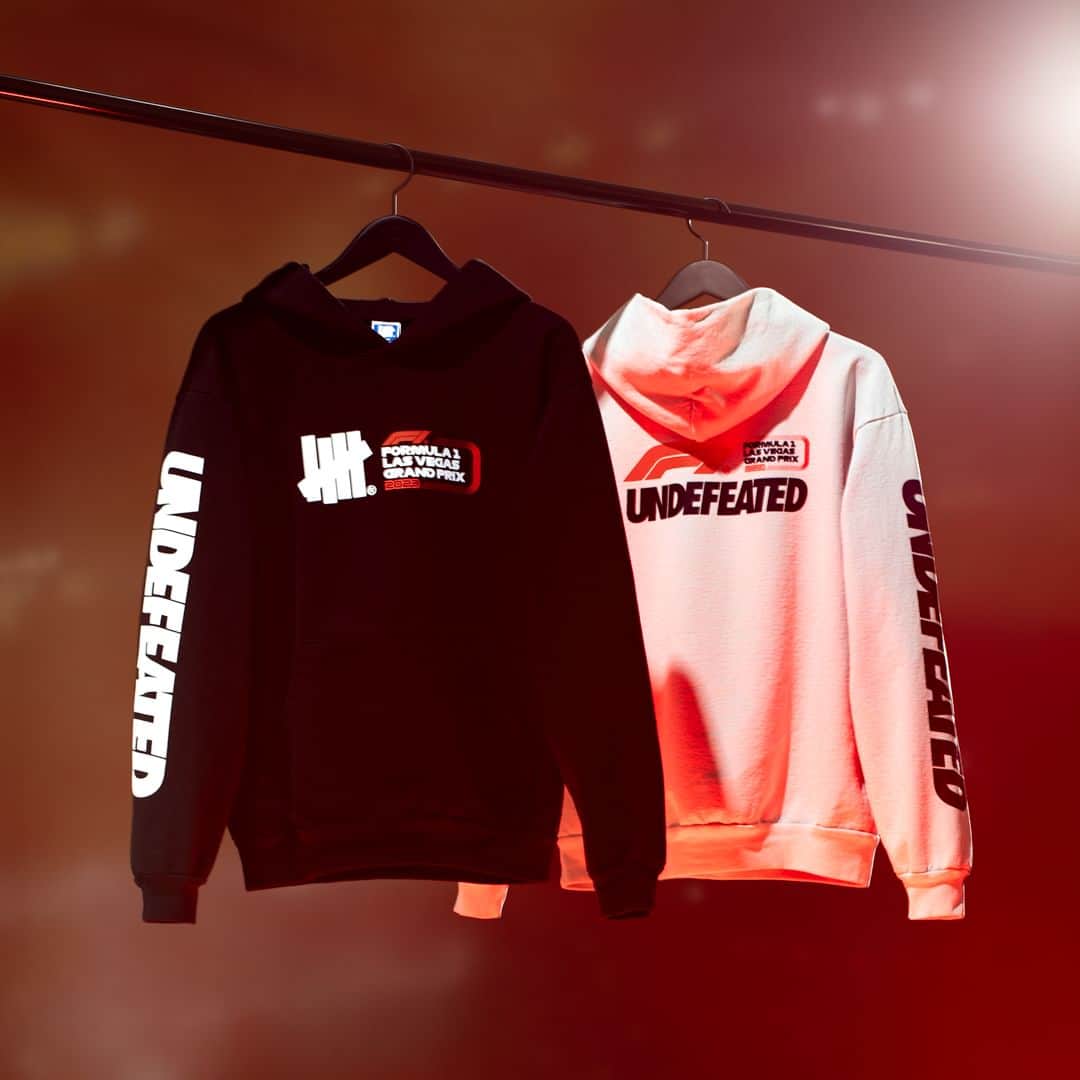 UNDFTDのインスタグラム：「Undefeated x Formula 1 Las Vegas Grand Prix  The UNDEFEATED x F1 LVGP Lockup Zip Hoodie and Logo Hoodie are both made from 100% cotton brushback fleece. The Lockup Zip Hoodie features a soft-hand screen printed UNDEFEATED wordmark on the back with the UNDEFEATED x F1 logo lockup on the left side of the chest. The Logo Hoodie features soft-hand screen printed UNDEFEATED x F1 logo lockups on the front, back and right sleeve.  Available Monday, 11/13 at 11am at all UNDEFEATED Chapter Stores and 8am PST at Undefeated.com」