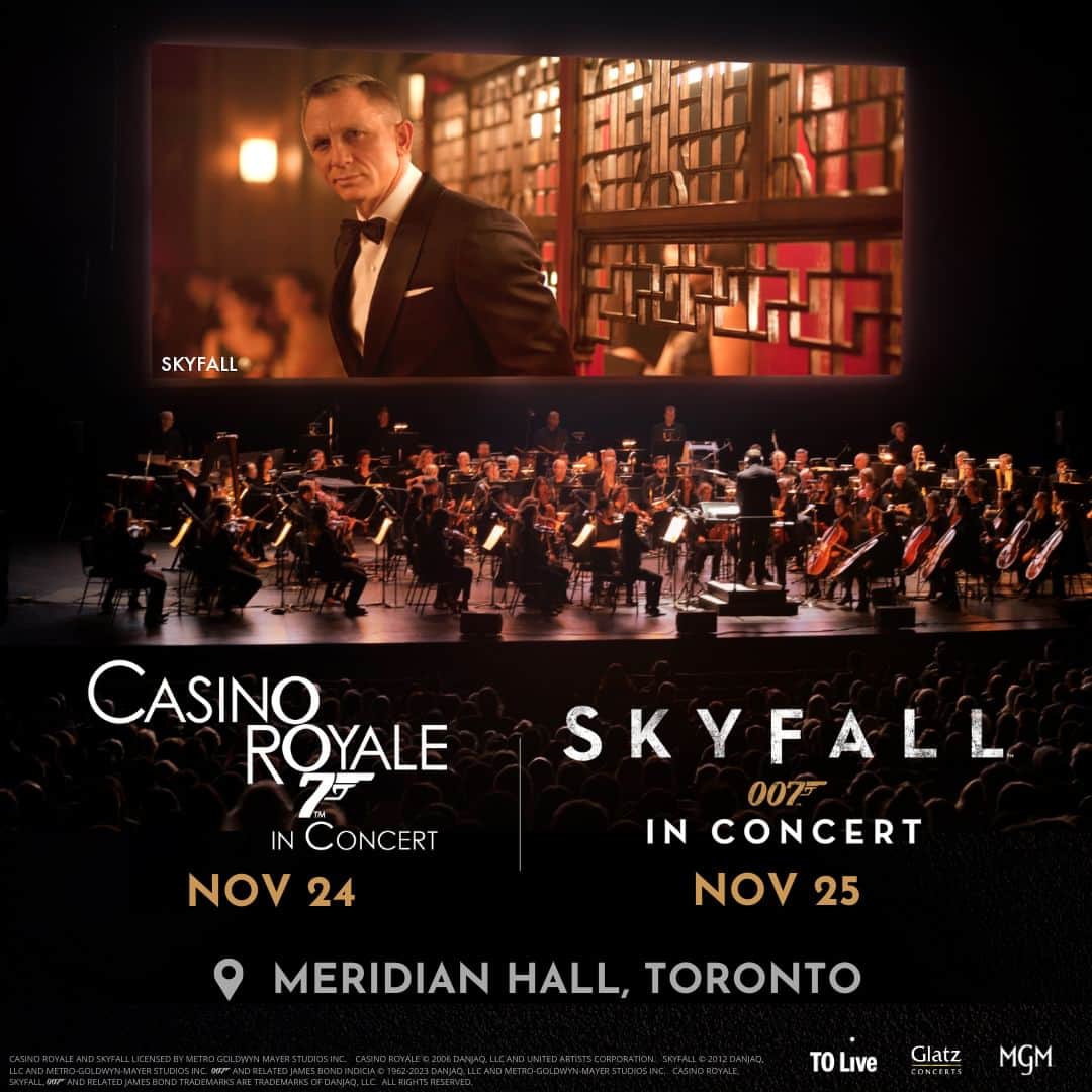 James Bond 007のインスタグラム：「TO Live and Glatz Concerts present Casino Royale in Concert and Skyfall in Concert on November 24 & 25 at Meridian Hall in Toronto. Experience the films on the big screen accompanied by the power of a full symphony orchestra.」