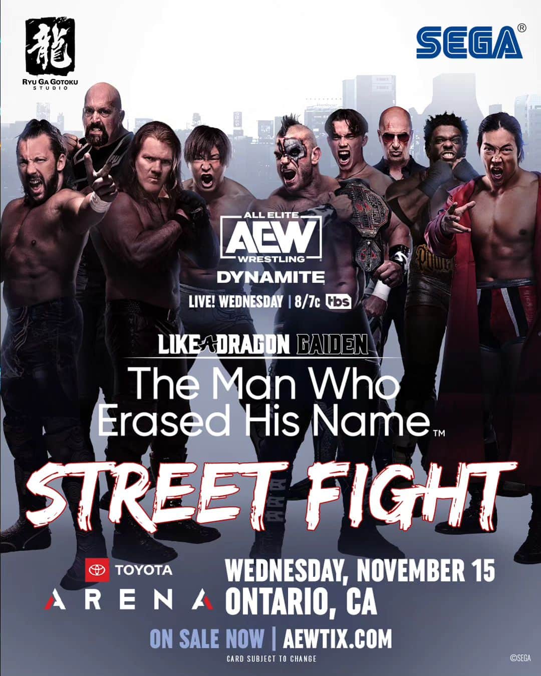 ケニー・オメガのインスタグラム：「This is a match graphic I never thought I'd see in my lifetime. First Like a Dragon Street Fight in AEW history next week.」