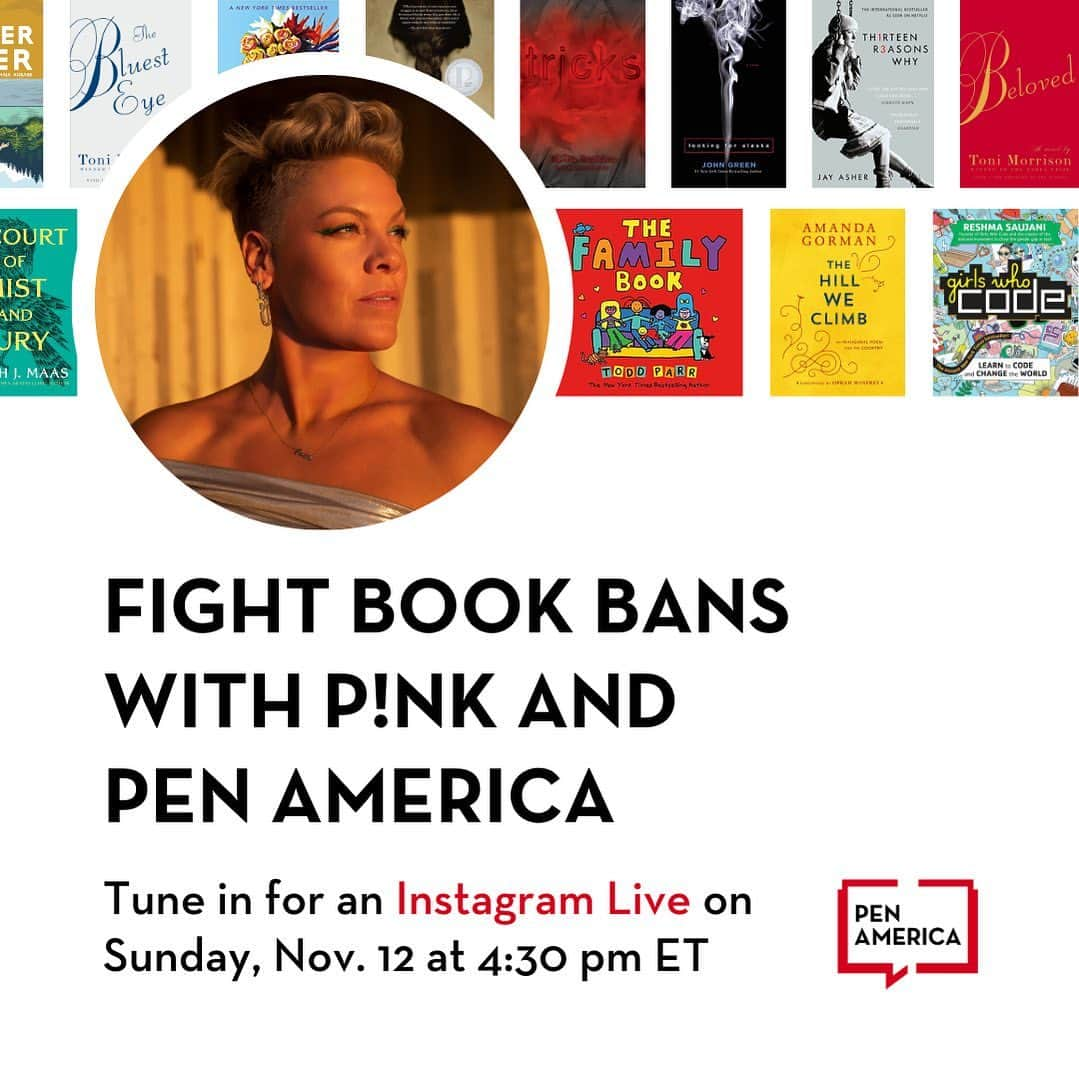 P!nk（ピンク）のインスタグラム：「Did you know there have been nearly 6,000 book bans since the fall of 2021? And nearly 40% of the books bans in the last school year occurred in Florida? As a mom of two young readers, I can’t imagine letting someone else decide what MY CHILDREN can and cannot read! That’s why this week at my Miami, FL and Sunrise, FL shows, I’m partnering with @penamerica and @booksandbooks to give away banned books to the first 1,000 fans who want them at each show! And tomorrow Sun Nov 12 at 4:30PM ET, I’m having a Live Chat with @amandascgorman and Suzanne Nossel, CEO of PEN America, to talk about banned books in America. Tune-in to join the conversation! And in the meantime, check-out the link in my bio to learn more about how to combat the banning of books in your community. pen.org/pink」