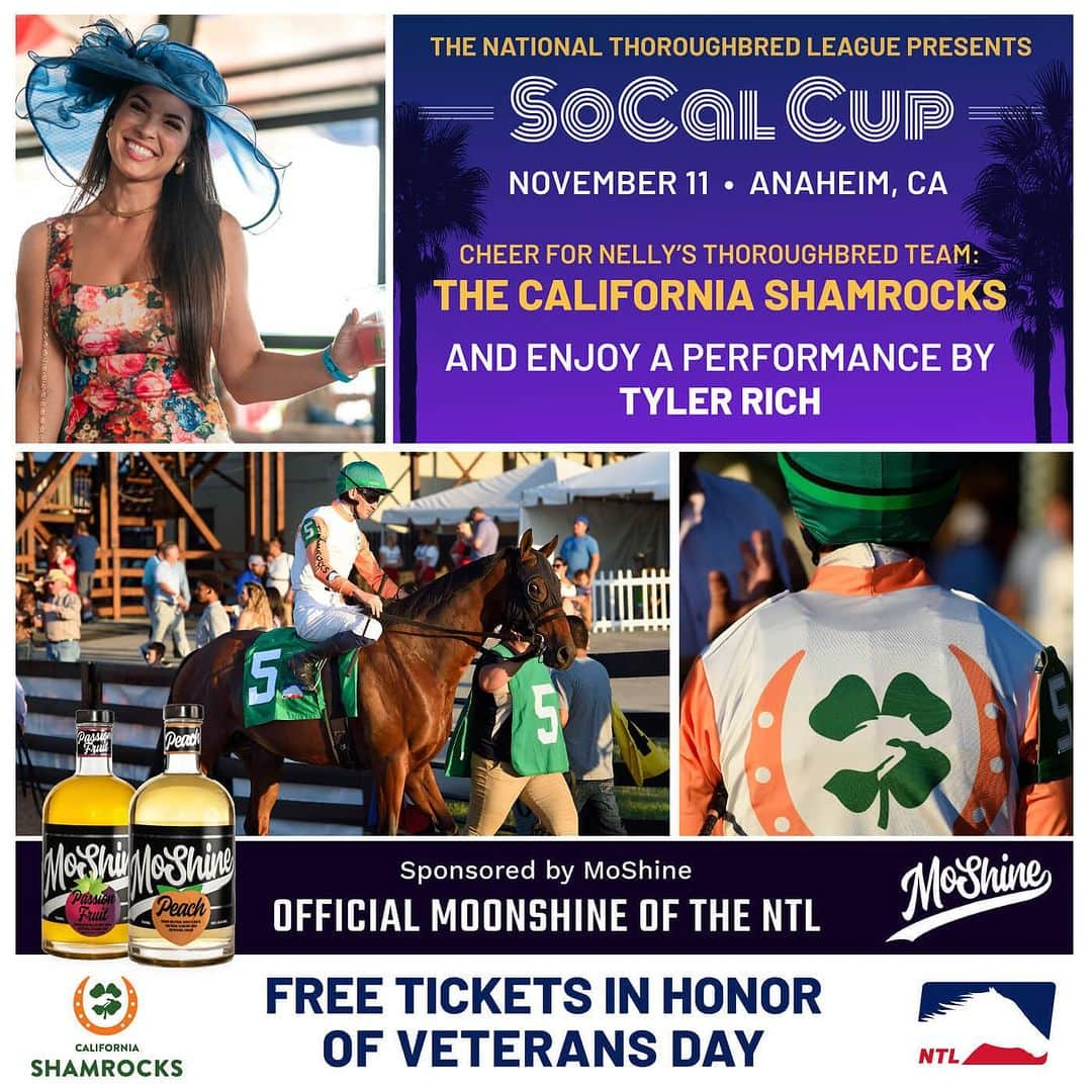 ネリーのインスタグラム：「Come to Los Alamitos Race Track today and see my team, the California Shamrocks, compete for the National Thoroughbred League's SoCal Cup. And in Honor of Veterans Day, the first 100 fans who use the code NELLY will get free access to this event."」