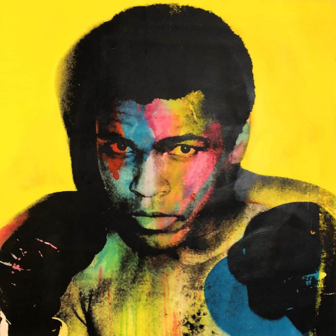 カラーのインスタグラム：「Muhammad Ali  36”x36”  Enamel on German Canvas  1 Of 1 Original  2023  😎 I have a wall of Ali’s in my studio my plan is create one for each professional fight Ali had. Each piece being an original no duplicate or art prints or editions will be made..  ONE OF ONE .. #rollandberry #muhammadali #boxing #enamel #silkscreen #oneofone #original #goat #art #artcollector #gallery #jasonyouarelovedandmissed」