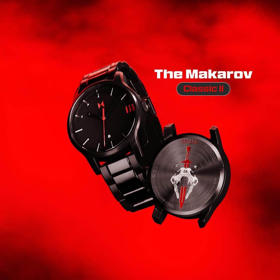 MVMTのインスタグラム：「Limited edition MVMT x @callofduty: Modern Warfare III The Makarov watch takes its namesake from the game’s cold and calculated antagonist Vladimir Makarov, and his three-hand watch is fittingly sleek and sophisticated—a design that would look right at home on Vladimir Makarov’s wrist. Featuring the new campaign’s official Red color theme and subtle nods to the game’s legendary lore: a Konni snake and sword backplate, and a “III” logo at the 3-hour mark. Only 500 made.」