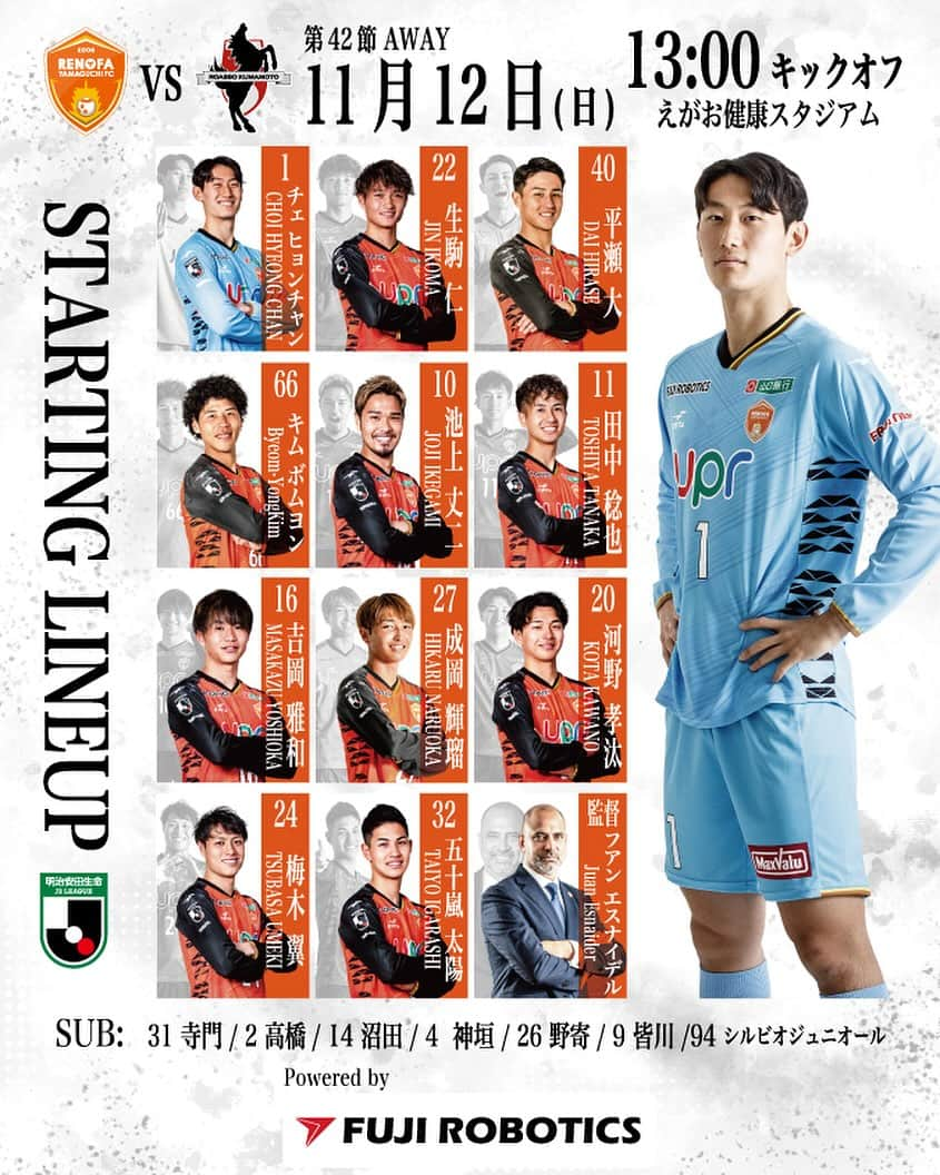 レノファ山口FCのインスタグラム：「11.12🆚熊本  𝐌𝐄𝐌𝐁𝐄𝐑  GK  #チェヒョンチャン  DF #生駒仁 #平瀬大 #キムボムヨン  MF  #池上丈二 #田中稔也 #吉岡雅和 #成岡輝瑠   FW  #河野孝汰 #梅木翼 #五十嵐太陽  SUB  #寺門陸 #高橋秀典 #沼田圭悟 #神垣陸 #野寄和哉 #皆川佑介 #シルビオジュニオール  監督 フアン エスナイデル  #renofa」