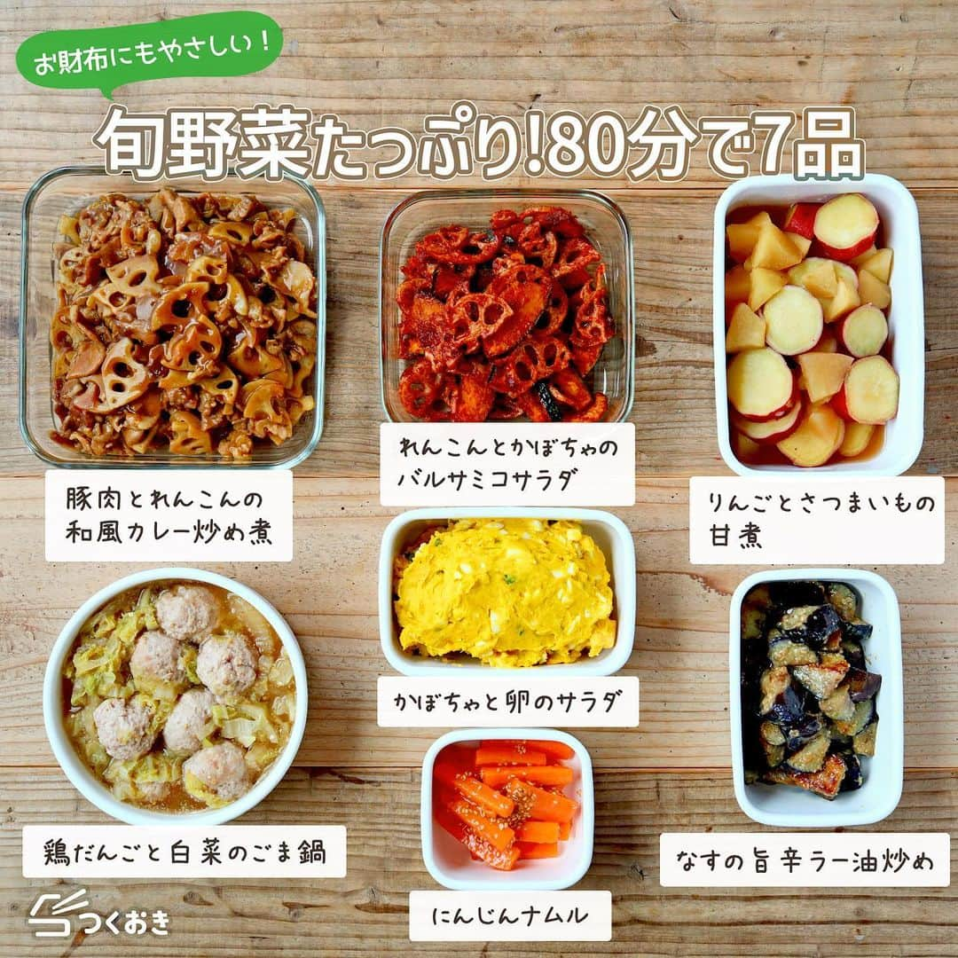 つくおきのインスタグラム：「調理時間80分、食材費1,787円でおかず7品（メイン2品と副菜5品）をまとめて作り置き🍳  旬の秋野菜を活用した、バリエーション豊かなメニューです。 和洋中のおかずが揃っていて、レシピの参考にオススメです！👌  「りんごとさつまいもの甘煮」は子どもの大好物です🍎  各おかずの作り方や日持ちなど詳しくは、お手数ですがつくおきのサイトをご覧ください👀 プロフィール（👉🏻 @tsukuoki）にあるURL、もしくはストーリーからご覧になれます📱 サイトでは、効率よく作るためのポイントなども紹介しています📝  ※大人2人、子ども2人分。1週間を乗り切るには足りないので、平日に簡単おかずやみそ汁など作ったり、試作や新作を作ったりしています。  ハイライトでは、過去に紹介したレシピをご覧になれます💡  【レシピサイト つくおき】 https://cookien.com  作り置きおかずや、簡単に作れるレシピを日々更新しています😉 節約したい方、時短したい方、料理が好きな方も苦手な方も楽しんで作れるようなおかずを紹介しています🍚 最新レシピ本「家族のつくおき」も好評発売中です📖  #つくおきレシピ #簡単レシピ #ズボラ飯 #お弁当おかず #つくおき #作り置き #こどもごはん #おうちごはん #秋野菜 #節約レシピ」