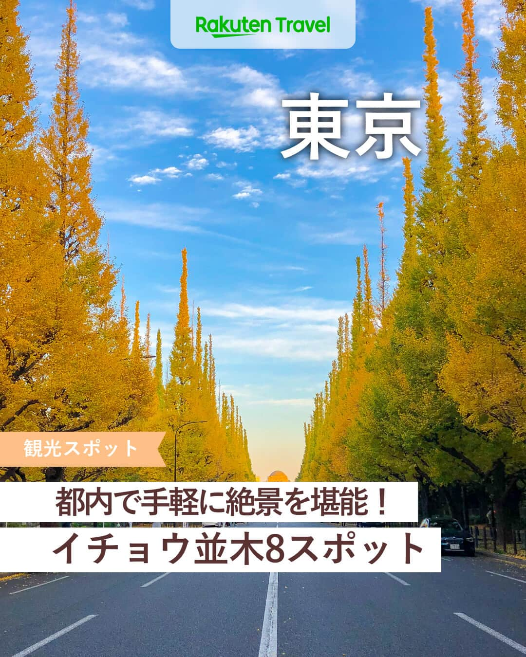 楽天トラベル のインスタグラム：「投稿を保存して見返してね😊 毎日おすすめの観光スポットやホテルを紹介している 楽天トラベル💚 👉@rakutentravel  ーーーーーーーーーーーーー  本日は、都内のイチョウ並木が綺麗なスポットを紹介します😊 アクセスも良く、思い立った時に散策に出かけやすいのも魅力✨ ロマンチックな気分が味わえてデートにもぴったり💕  ーーーーーーーーーーーーー  1　#明治神宮外苑 2　#昭和記念公園 3　#甲州街道 4　#丸の内 #行幸通り 5　#靖国神社 6　#駒沢オリンピック公園 7　#東京大学 8　#成城学園前  ーーーーーーーーーーーーー  #rakutentravel をつけて投稿してくだされば、 あなたの撮った写真が楽天トラベルアカウントに掲載されるかも👀  旅の計画に夢中になれるインスタマガジン👜 楽天トラベルをフォローして理想の旅をみつけてね🛫@rakutentravel  いってみたいと思った人は気軽にコメント欄にスタンプ送ってね💕  ーーーーーーーーーーーーー」