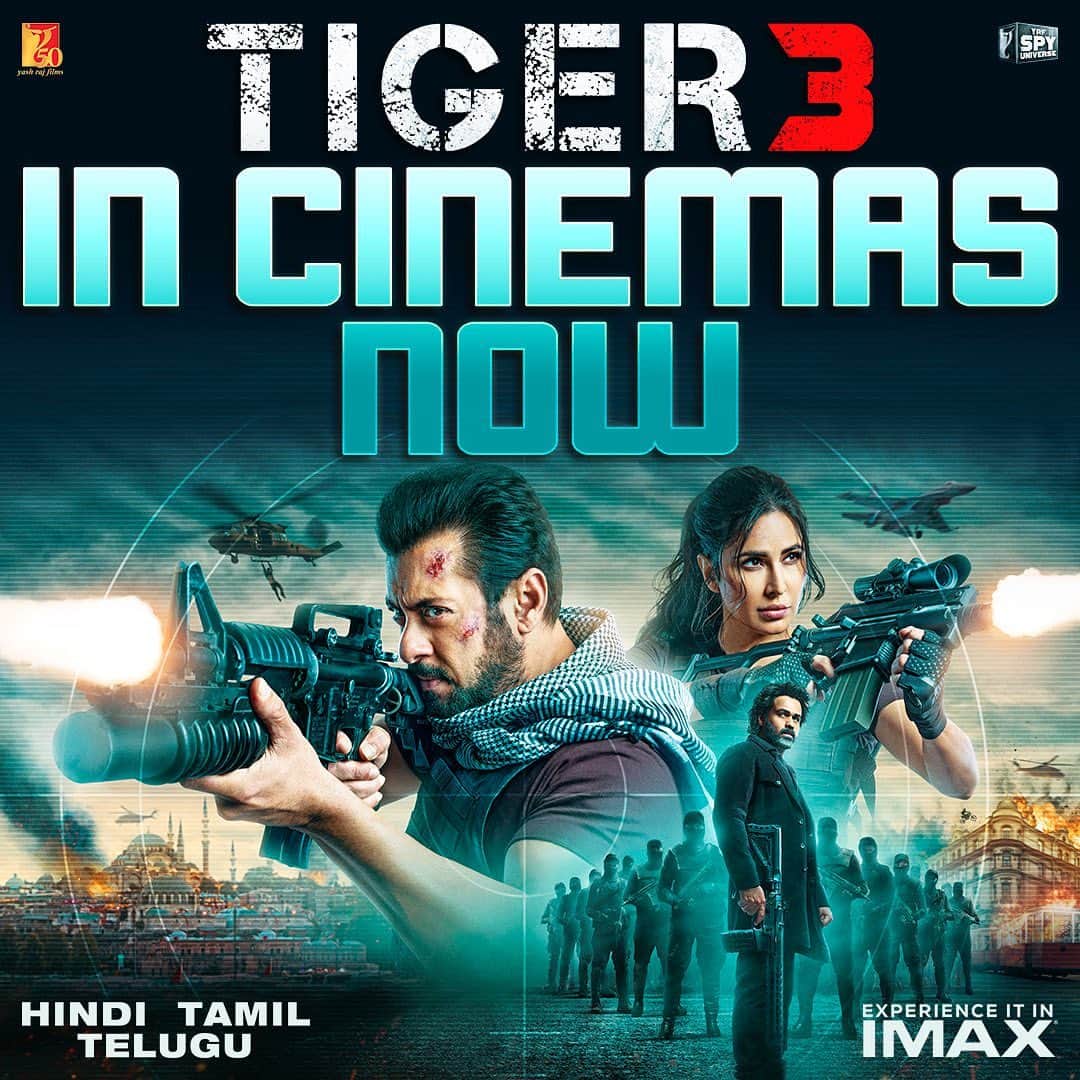 サルマン・カーンのインスタグラム：「#Tiger3 is in cinemas now, see you there!   Book your tickets *link in bio*   At your nearest big screen in Hindi, Tamil & Telugu.   @katrinakaif | @therealemraan | #ManeeshSharma | @yrf | #YRF50 | #YRFSpyUniverse」