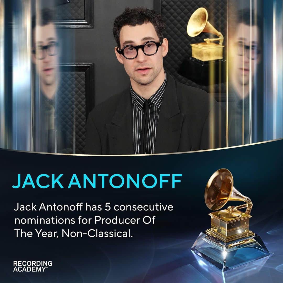 The GRAMMYsのインスタグラム：「🎧 From Taylor Swift to Lana Del Rey, #JackAntonoff's musical credits are everything this year.  Jack Antonoff has 5 consecutive nominations for Producer Of The Year, Non-Classical and previously won in the Category at the 64th and 65th #GRAMMYs. This year he has received 6 total nominations:  🎶 Record Of The Year: “Anti-Hero” by Taylor Swift (producer/engineer/mixer) 🎶 Album Of The Year: Did you know that there’s a tunnel under Ocean Blvd by Lana Del Rey (producer/engineer/mixer/songwriter) 🎶 Album Of The Year: Midnights by Taylor Swift (producer/engineer/mixer/songwriter) 🎶 Song Of The Year: “A&W” by Lana Del Rey (songwriter) 🎶 Song Of The Year: “Anti-Hero” by Taylor Swift (songwriter) 🎶 Producer Of The Year, Non-Classical  📲 View the full nominee list at the link in our bio and don't miss the 66th GRAMMYs LIVE on Feb. 4th, 2024 on @cbstv.」