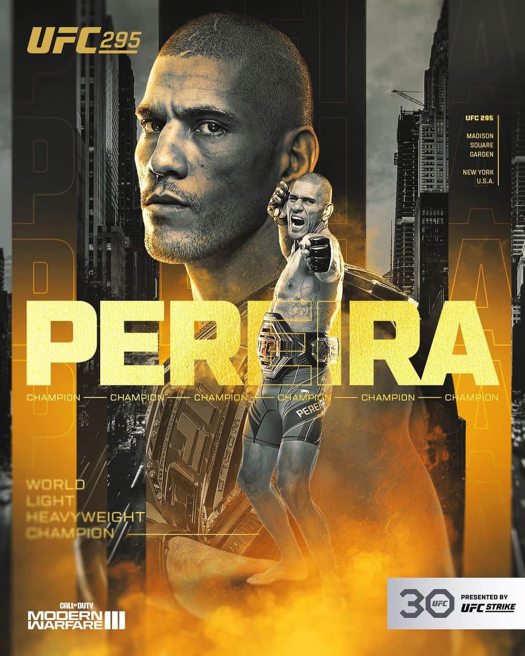 UFCのインスタグラム：「POATAN RUNS NEW YORK 🏹🗽  @AlexPoatanPereira defeats Jiri Prochazka by TKO and becomes our new Light Heavyweight champion!  [ #UFC295 | B2YB @CallofDuty ]」