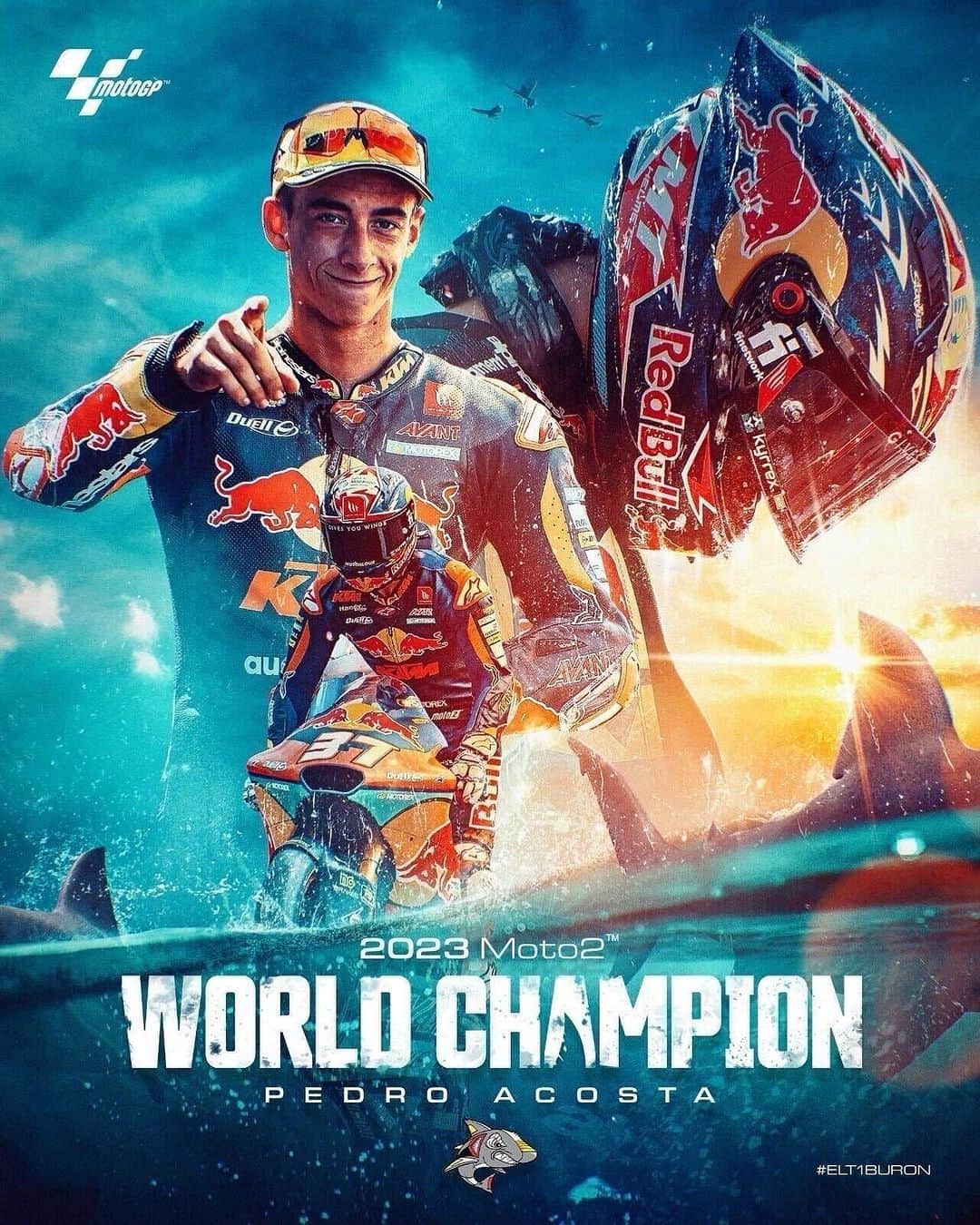 MotoGPのインスタグラム：「The shark bites harder than ever 💥@37pedroacosta is your 2023 #Moto2 World Champion! 🏆  #ELT1BURON 🦈 #MalaysianGP 🇲🇾」