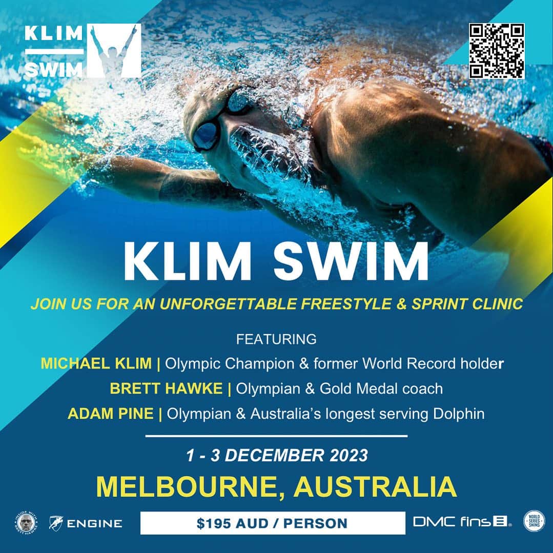 マイケル・クリムのインスタグラム：「Super pumped to finally be bring the @klimswim clinics to Melbourne my home town (Dec 1-3) with no other then @hawkebr and @swimpine . Join us for an unforgettable freestyle and Sprint clinic. For all locations head to Klimswim.com or the link in my bio. @dmcfins @engine_swim @worldseriesswims @ivanhoeswim @firbank_aquastars_swimming @swim_vic」