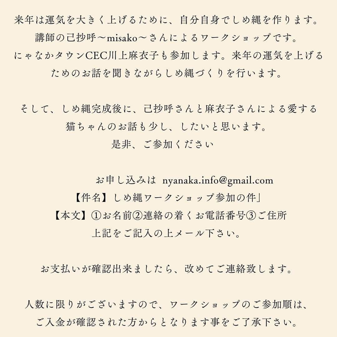 川上麻衣子さんのインスタグラム写真 - (川上麻衣子Instagram)「2024年に向けて素敵なお知らせです！来年の運気をUPさせるために自分で作る「しめ縄」ワークショップのご案内です✨✨猫楽塾第4弾はスペシャル企画。猫的要素は薄いのですが、猫好きな巳抄呼先生と今年を締めくくる素敵なイベント！人気き予想されますのでぜひお早めにご予約お待ちしています。peatixからもチケットご購入いただけます！ 2024年、準備万端に共に迎えましょう！  猫楽塾　vol.4　スペシャル版   https://peatix.com/event/3759899」11月12日 16時05分 - kawakami.maiko