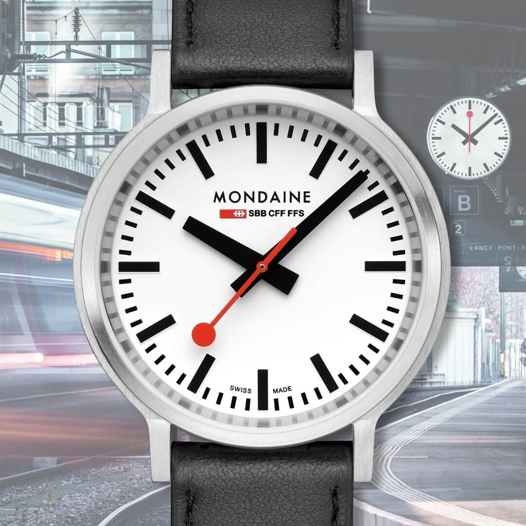 モンディーンのインスタグラム：「It all began on a railway platform...  The unique stop2go movement is a tribute to our heritage. Encapsulated in a robust and crown-less case, its design is reminiscent of the Swiss Railways station clocks. These clocks are famous for their red second hand that stops at the 12 o‘clock position for 2 seconds at the start of each minute before continuing its rotation. This stop gave the central Master Clock the time to synchronize and align all railway clocks nationwide every minute.   This commitment to precision has ensured the legendary Swiss trains‘ punctuality and accuracy, a legacy that still holds true to this day.  Our stop2go collection is an ode to our mastery in timekeeping, balancing tradition and innovation. Take a piece of our Swiss heritage with you on every journey with our new watch series.  #ASICONICASYOU #swissheritage #craftedinswitzerland #stop2go」