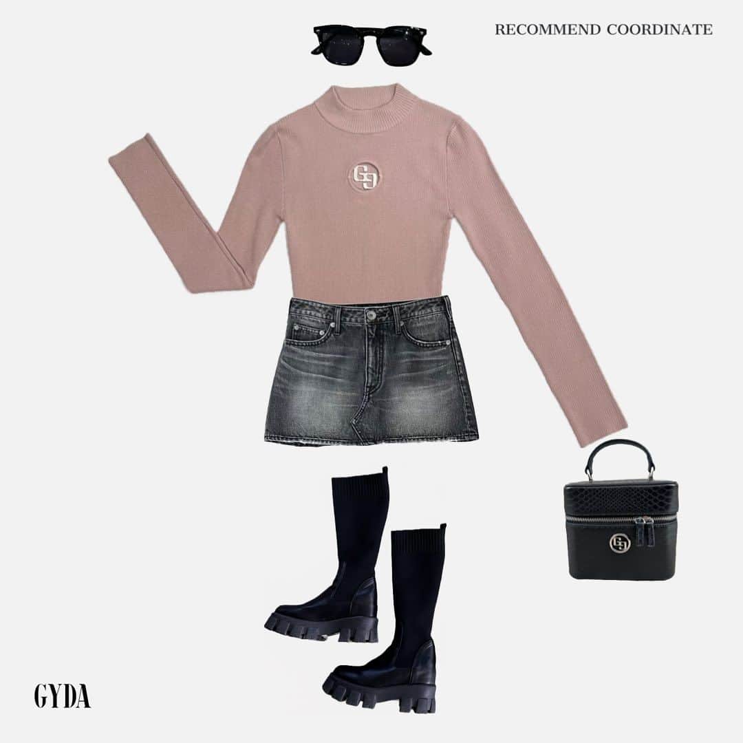 GYDAのインスタグラム：「☑️Recommend  Items  ——————————————————  ・GG MOLDリブニットトップス BLK / O.WHT / PNK ￥5,990-  ・VintageデニムスカートライクSPT BLU / IDG / BLK ￥9,990-  ・ボリュームソールニットドッキングブーツ BLK ￥16,990-  ・GGサークルバニティBAG BLK / O.WHT  ￥7,990-  —————————————————— TOP(@gydajp)のURLからご覧頂けます❤︎ #GYDA#ジェイダ」