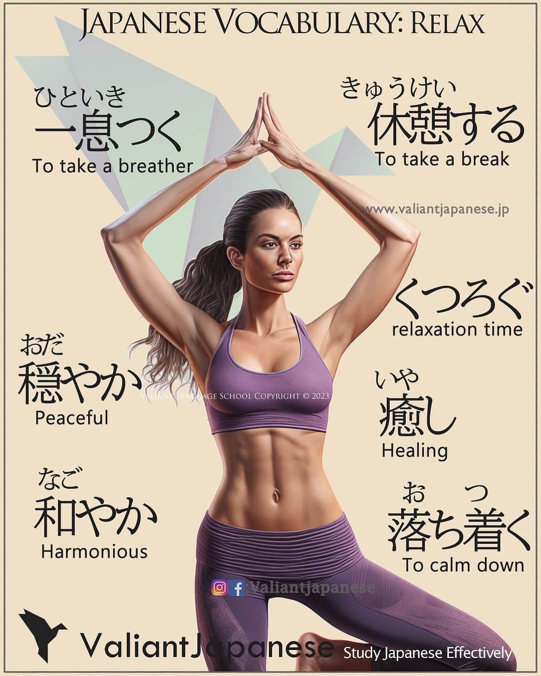 Valiant Language Schoolのインスタグラム：「👩‍🏫:New Beginner Classes Starting November, DM us for info  Simple Japanese : Relax  . Use code : MOMIJI To get 10% off on our shop .  Example Sentences below 👇  穏やか (Odayaka) - Meaning: "calm" or "peaceful"  この川辺はとても穏やかですね。 (Kono kawabe wa totemo odayaka desu ne.) Translation: This riverside is very peaceful. 静か (Shizuka) - Meaning: "quiet" or "calm"  この場所は夜にはとても静かです。 (Kono basho wa yoru ni wa totemo shizuka desu.) Translation: This place is very quiet at night. リラックス (Rirakkusu) - Meaning: "relax"  リラックスするために、ゆっくりお風呂に入ります。 (Rirakkusu suru tame ni, yukkuri ofuro ni hairimasu.) Translation: To relax, I take a slow bath. 癒し (Iyashi) - Meaning: "healing" or "soothing"  この音楽は心の癒しです。 (Kono ongaku wa kokoro no iyashi desu.) Translation: This music is soothing for the heart. 落ち着く (Ochitsuku) - Meaning: "to calm down" or "to settle"  自然の中にいると、心が落ち着きます。 (Shizen no naka ni iru to, kokoro ga ochitsukimasu.) Translation: Being in nature calms the mind. 和やか (Nagoyaka) - Meaning: "harmonious" or "mild"  和やかな雰囲気が心地よいですね。 (Nagoyaka na fun'iki ga kokochi yoi desu ne.) Translation: The harmonious atmosphere is pleasant. リフレッシュ (Rifureshu) - Meaning: "refresh"  散歩するとリフレッシュできます。 (Sanpo suru to rifureshu dekimasu.) Translation: Taking a walk can refresh you.  一息つく (Hitoiki Tsuku) - Meaning: "to take a breather" or "to unwind"  仕事の合間に、少し一息つくとリフレッシュできます。 (Shigoto no aima ni, sukoshi hitoiki tsuku to rifureshu dekimasu.)  #tshirts  #shinjuku  #新宿 #東京 #tokyo」