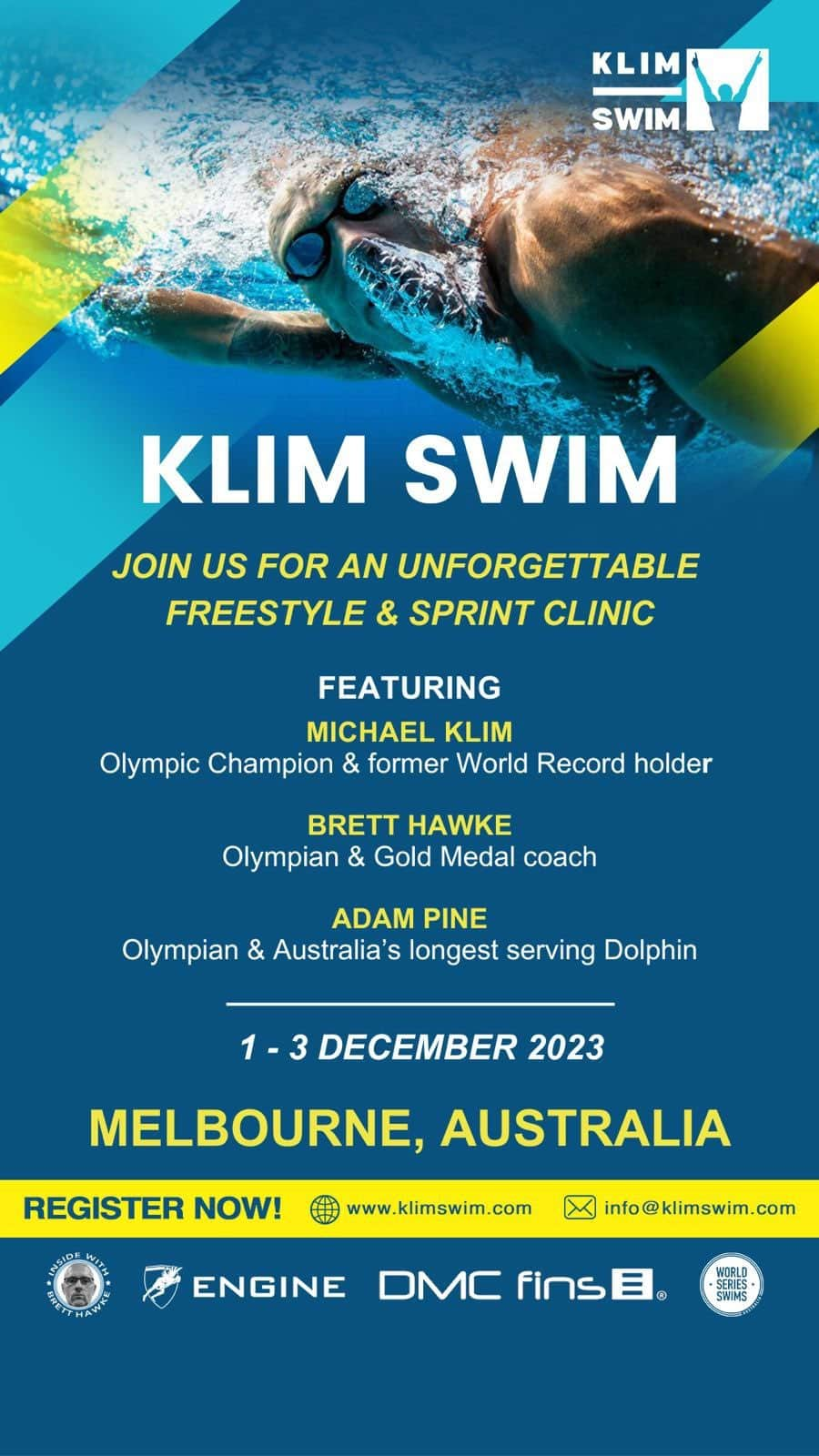 マイケル・クリムのインスタグラム：「SYDNEY, QUEENSLAND, MELBOURNE! The @klimswim Freestyle Technique and Sprint Clinic Aussie tour is now complete. Join myself, @hawkebr @swimpine @david_morgan_swimmer and @mrisaaccooper at a pool near you and elevate your sprinting and freestyle skills at these unforgettable clinics. Head to Klimswim.com for all details on dates and locations. @dmcfins @engine_swim @worldseriesswims」