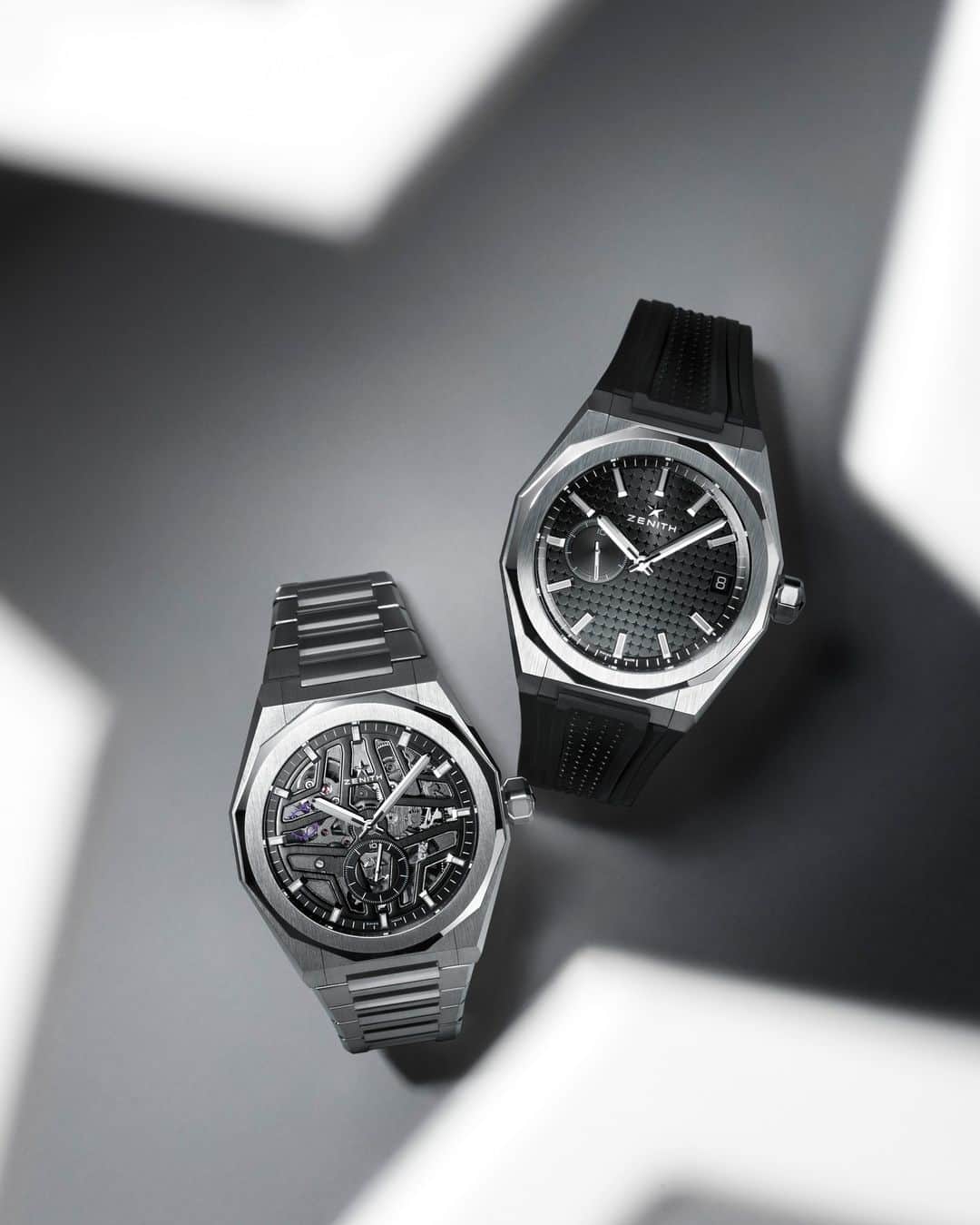 ゼニスのインスタグラム：「#DefySkyline: One silhouette. Two very different kinds of radiance. DEFY Skyline and its Skeleton counterpart, both with black dials.」