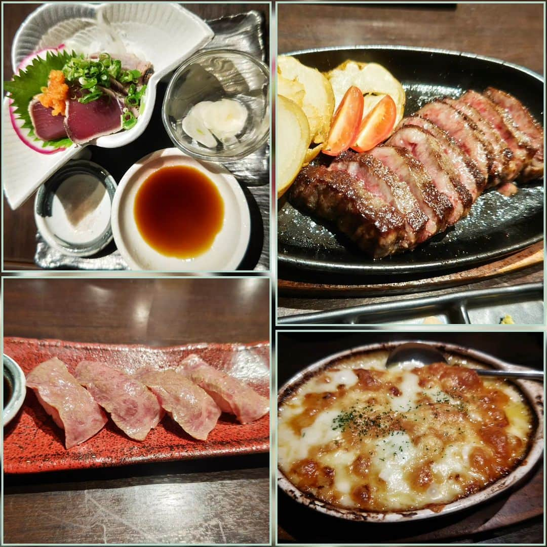 和田益典のインスタグラム：「水曜日 (11/8) の晩御飯  肉は適度に食べるべき。(どっちの意味にも取れる？) . . #備忘録 #和牛炙り寿司 #鰻炙り寿司 #昭和グラタン #イチボステーキ #イチボ #ステーキ #steak #グラタン #鉄板焼 #beef #鰹のたたき #鰹 #肉テロ #飯テロ #和牛 #カツオたたき #鰹たたき #肉テロ #十三 #十三西口 #高崎流クリエイティブキッチン道場 #居酒屋 #飲み屋 #デブ活 .」