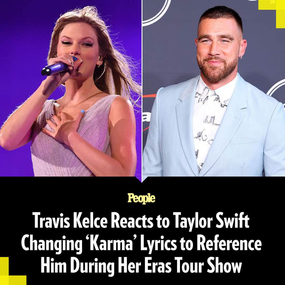 People Magazineのインスタグラム：「Travis Kelce was spotted enjoying plenty of sweet moments during Taylor Swift's Eras tour show — but one in particular saw him looking very surprised!  In footage posted by a concertgoer, Kelce watched Swift perform “Karma” while he stood next to her dad, Scott Kingsley Swift, in the VIP tent.  Swift then switched up the lyrics to the song, singing, “Karma is the guy on the Chiefs coming straight home to me,” causing Kelce to flash a big grin.  Watch the footage in our bio link! | 📷: Getty」