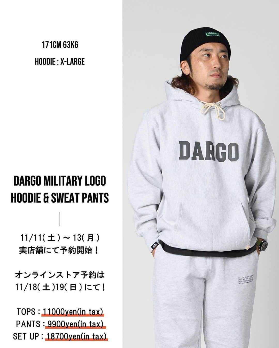 DARGO T-shirt &Sign Artのインスタグラム：「実店舗にて絶賛ご予約受付中です 　 　 サイズサンプルは上下ともに各サイズ ご用意しておりますので着用感がご心配なお客様は是非直接ご覧ください！ 　 　 単品でも、セットアップでも、どちらでもお選びいただけます（詳細や決済方法は下記にて↓） 　 　 ＜実店舗サイズサンプル一覧＞ パーカー / M, L, XL, XXL スウェットパンツ / M, L, XL 　 　 【DARGO】 Military Logo 12onz Heavy Weight Hoodie & Sweat Pants 受注予約受付（実店舗限定） 　 期日：11/11(土), 12(日), 13(月) 12:00〜19:00 お受渡し予定日：11/30(木)以降 　 【サイズ】 Hoodie / M, L, XL, XXL Pants / M, L, XL 上下お好きなサイズをお選びいただけます！ 　 【プライス】 Hoodie / 11000yen(税込) Pants / 9900yen(税込) SET UP / 18700yen(税込) 　 　 ※要 事前決済！ 　 　 #dargojapan #dargo2023aw #sweathoodie #usafa #kumamotocity #kumamoto #ダーゴ #アメカジ #スウェットコーデ #スウェットスタイル #パーカー #パーカーコーデ #熊本 #熊本市 #熊本tシャツ」