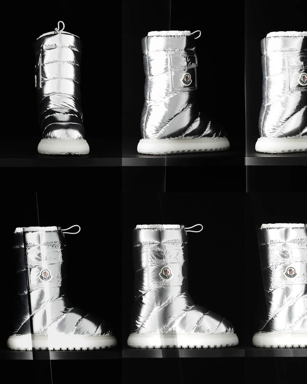 モンクレールのインスタグラム：「Winter, stepped up. Sidewalk slush and snowy slopes are no obstacle for the iconic Gaia Pocket boot - reimagined in jewelbox hues, including glossy platinum.   Discover winter footwear on moncler.com.  #MonclerGaia」