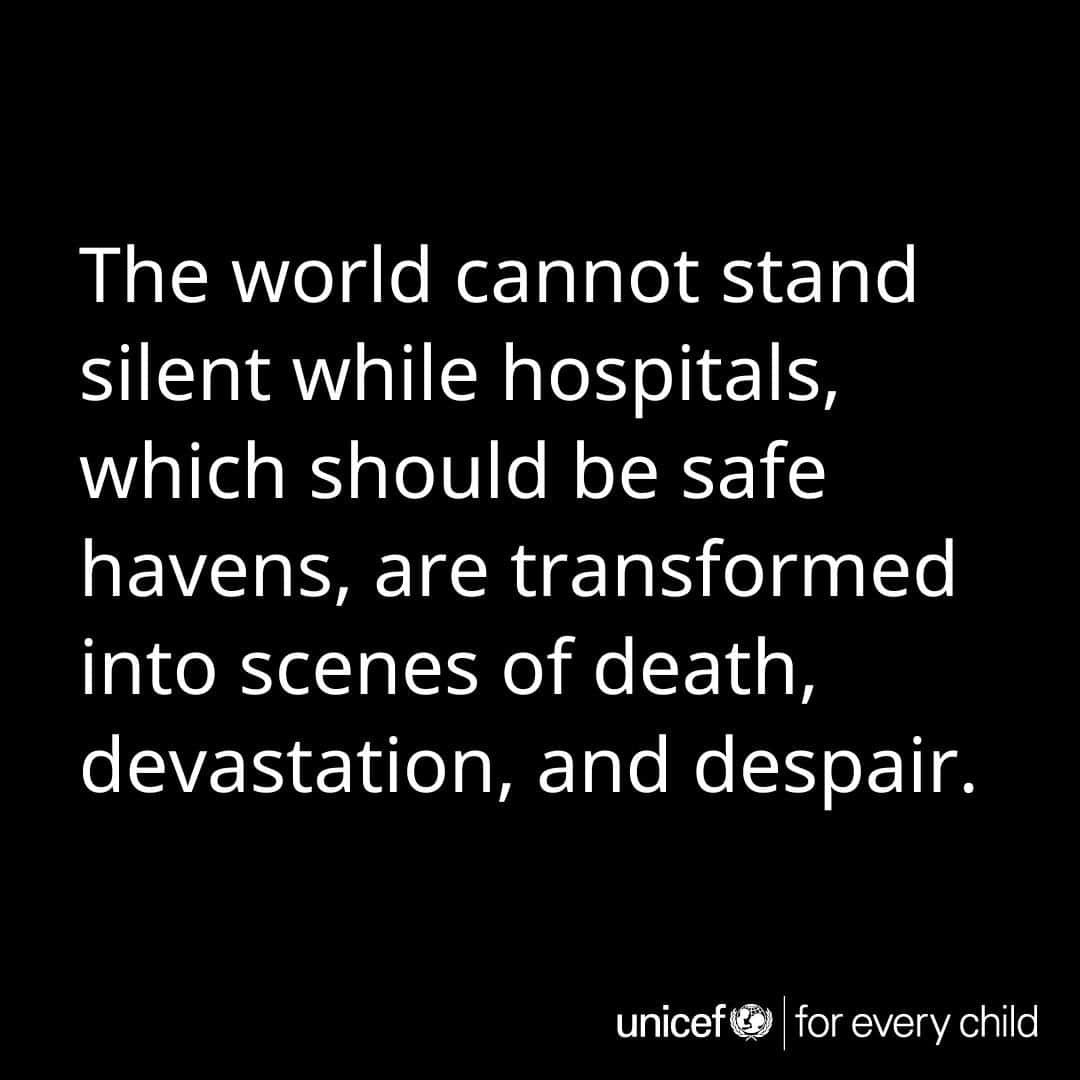 unicefのインスタグラム：「We are horrified at the latest reports of attacks on and in the vicinity of Al-Shifa Hospital, Al-Rantissi Naser Paediatric Hospital, Al-Quds Hospital, and others in Gaza city and northern Gaza, killing many, including children. Intense hostilities surrounding several hospitals in northern Gaza are preventing safe access for health staff, the injured, and other patients.  Premature and new-born babies on life support are reportedly dying due to power, oxygen, and water cuts at Al-Shifa Hospital, while others are at risk. Staff across a number of hospitals are reporting lack of fuel, water and basic medical supplies, putting the lives of all patients at immediate risk.  Decisive international action is needed now to secure an immediate humanitarian ceasefire and prevent further loss of life, and preserve what’s left of the health care system in Gaza. Unimpeded, safe and sustained access is needed now to provide fuel, medical supplies and water for these lifesaving services. The violence must end now.  Full statement by regional directors of UNFPA, UNICEF and WHO is available via the link in bio.」