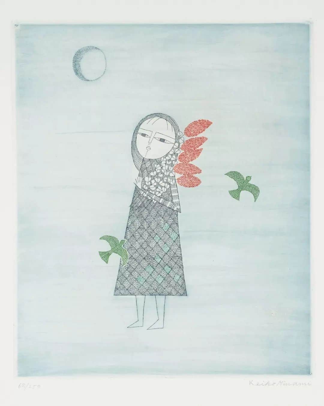 テート・ギャラリーのインスタグラム：「Where do you draw inspiration from? 💡  Let this selection of paintings and prints inspire you to look up at the night sky tonight. 🌙  ✨ Keiko Minami, Girl with Green Birds 1973 ✨ Dame Barbara Hepworth, Winter Solstice 1970.  ✨ JMW Turner, Vignette Study for Moore’s ‘The Epicurean’ c.1837 ✨  Dorothea Tanning, Murmurs 1976 ✨ Claude Rogers, Eclipse at Blandford 1952」