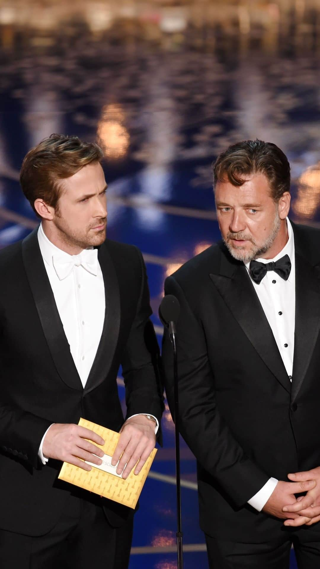 アカデミー賞のインスタグラム：「That math isn't mathing, Ryan.  Ryan Gosling and Russell Crowe presenting Charles Randolph and Adam McKay with the Oscar for Best Adapted Screenplay for "The Big Short" at the 88th Oscars in 2016.」