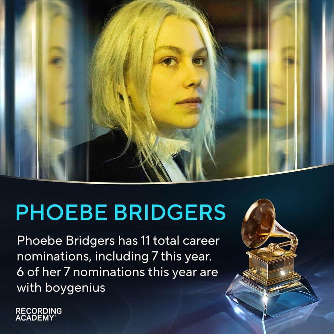 The GRAMMYsさんのインスタグラム写真 - (The GRAMMYsInstagram)「💙 Feeling true blue about #PhoebeBridgers and #boygenius' nominations. boygenius is the first group to receive 6 or more GRAMMY nominations in a single year since 2012!  Phoebe Bridgers has 7 total nominations this year and 6 of them are with boygenius, including:  ✨ Record Of The Year: “Not Strong Enough” by boygenius  ✨ Album Of The Year: the record by boygenius  ✨ Best Pop Duo/Group Performance: “Ghost in the Machine” by SZA Featuring Phoebe Bridgers   🎵 View the full nominee list at the link in our bio and tune into the 66th #GRAMMYs LIVE on Feb. 4th on @CBStv.」11月13日 3時07分 - recordingacademy