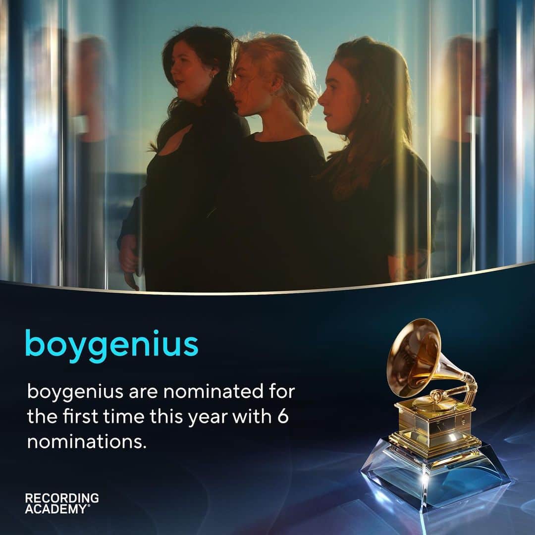 The GRAMMYsのインスタグラム：「💙 Feeling true blue about #PhoebeBridgers and #boygenius' nominations. boygenius is the first group to receive 6 or more GRAMMY nominations in a single year since 2012!  Phoebe Bridgers has 7 total nominations this year and 6 of them are with boygenius, including:  ✨ Record Of The Year: “Not Strong Enough” by boygenius  ✨ Album Of The Year: the record by boygenius  ✨ Best Pop Duo/Group Performance: “Ghost in the Machine” by SZA Featuring Phoebe Bridgers   🎵 View the full nominee list at the link in our bio and tune into the 66th #GRAMMYs LIVE on Feb. 4th on @CBStv.」