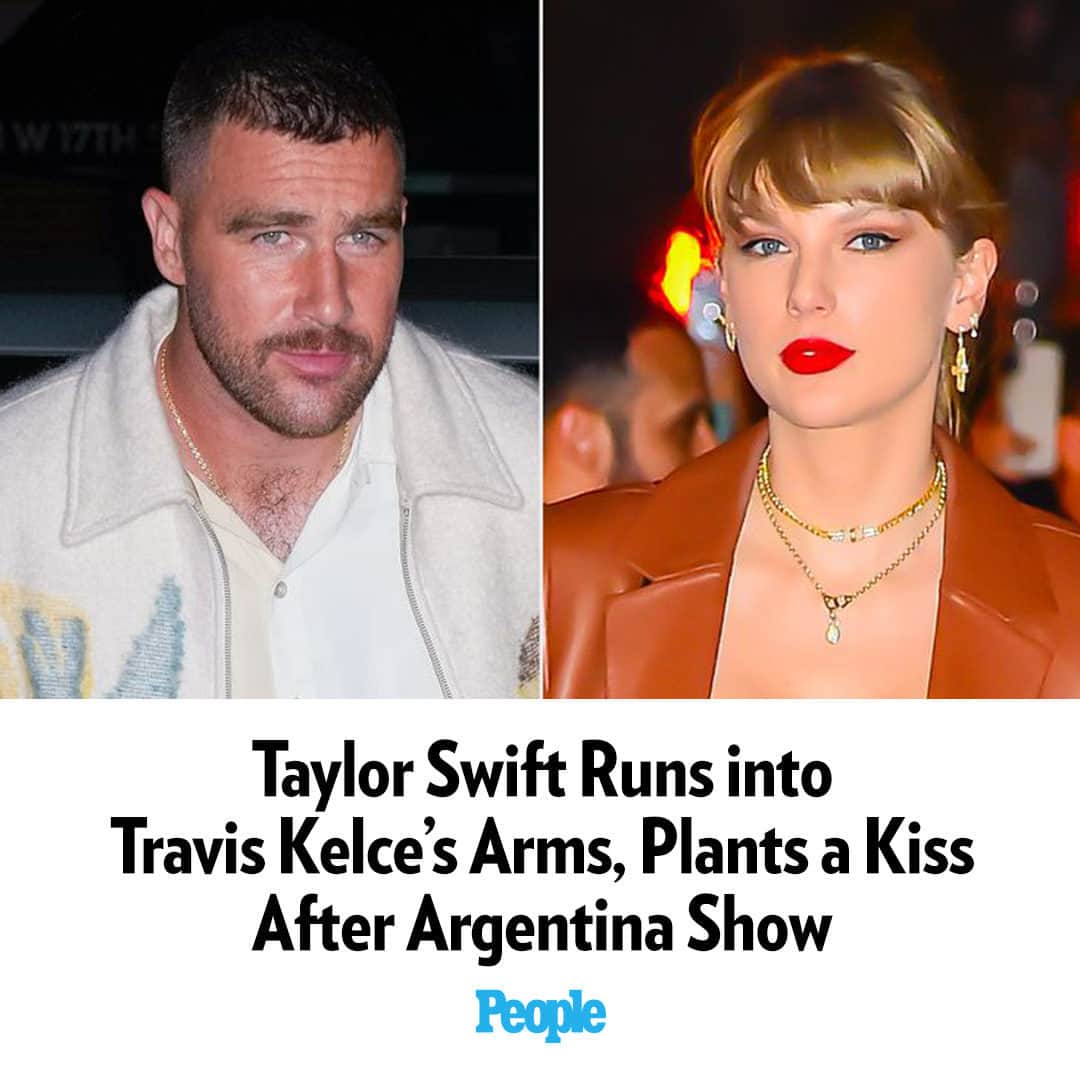 People Magazineのインスタグラム：「Taylor Swift celebrated yet another great show while on the Eras Tour, this time in Argentina, ending the concert backstage by rushing into the waiting arms of her beau, Travis Kelce, and planting him with a kiss. 💋   Watch the sweet clip in our bio link! | 📷: GC Images」