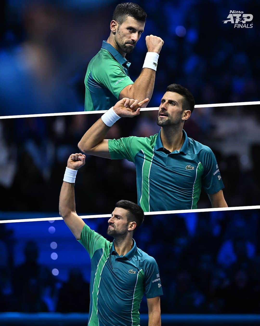 ノバク・ジョコビッチのインスタグラム：「LET. HIM. COOK. 🔥  @djokernole battles past Holger Rune in a 3 set thriller 7-6(4), 6-7(1), 6-3!  #NittoATPFinals」