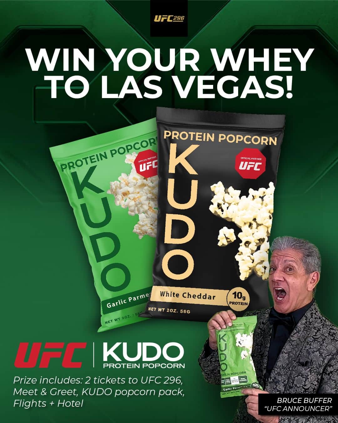 UFCのインスタグラム：「Win a trip for two to #UFC296! 🍿  Kudo Snacks wants to bring you out to Vegas for the last fight of the year! Here’s how you can win:  1. Follow @KudoSnacks 2. Comment who you’d bring with  Good luck!」