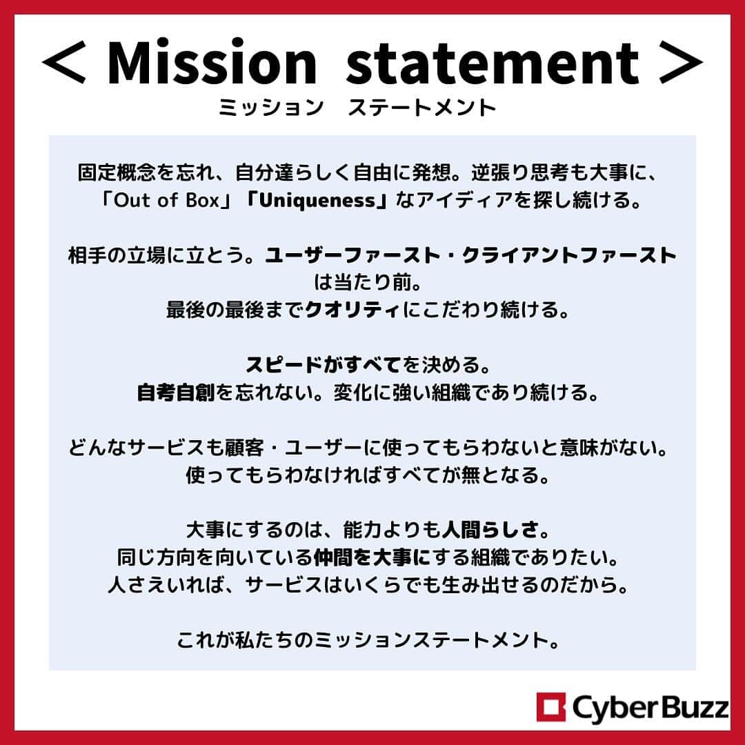 株式会社サイバー・バズさんのインスタグラム写真 - (株式会社サイバー・バズInstagram)「今回はサイバー・バズの企業理念に関しての投稿です！  <投稿内容> ・Our Mission(サイバー・バズ　ミッション) ・Mission statement(ミッション　ステートメント) ・7 Value(セブン　バリュー)  就職活動をする上でも、企業理念を知っておくことは非常に重要なことだと思います！ 是非、この投稿を参考にしてみてください🍀  #企業理念 #ベンチャー企業 #就活 #25卒 #24卒」12月1日 20時00分 - cyberbuzz_style