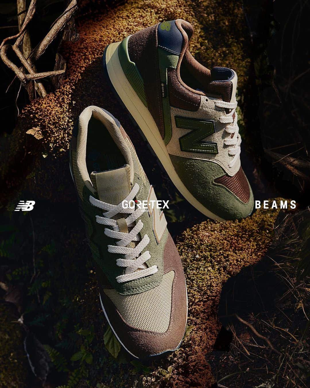 BEAMS MENのインスタグラム：「… New Balance for BEAMS 『996』 11.18（Sat.）Release . 〈New Balance〉と手を組み、35周年を迎えたロングセラーモデル『996』の別注モデルをリリースします。  今回は、迷彩柄のスタンダードであるウッドランドカモからカラーを抽出したミリタリーなデザインが特徴。左右で異なる配色をしたクレイジーパターンに呼応し、サイドを飾るアイコニックな“N”ロゴも内側・外側で異なるカラーを採用。 また、天候のコンディションに左右されず、タフに愛用できるGORE-TEX®︎仕様の一足に仕上がりました。  本別注は、〈BEAMS〉、〈BEAMS BOY〉取扱店舗（一部地域を除く）およびビームス公式オンラインショップ、台北のビームス 5店舗にて11月18日（土）より発売します。 . Photography: @munehiro_hoashi  Art Direction: @jinhase__  . @newbalance @goretexjp @beams_official @beams_mens_casual @beams_boy_official #newbalance #goretex #beams」