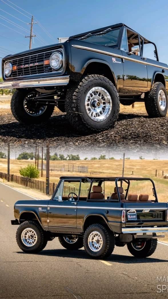 Classics Dailyのインスタグラム：「Live on @BringATrailer ! NO RESERVE!  @gtautolounge presents this stunning 1969 Ford Bronco Restomod. Purchased by the current owner in 2019 and subsequently refurbished and modified. Work included installing a 5.0-liter Coyote V8 crate engine, a Kincer Engineering chassis, new Shannon’s Broncos steel bodywork, re-trimming the interior, and finishing the truck in black over tan vinyl upholstery. A 10R80 ten-speed automatic transmission and an Atlas dual-range twin-stick transfer case were also installed along with a limited-slip rear differential, and additional equipment includes a combined suspension and body lift, a Krawlers Edge cage, chrome bumpers, Vintage Air climate control, Dakota Digital gauges, an Alpine touchscreen infotainment system, TracTive shocks, 17” Raceline alloy wheels, and Wilwood four-wheel disc brakes with a hydraulic booster. This modified Bronco is now listed at NO RESERVE on dealer consignment with a clean California title.  _  #1969bronco #fordbronco #bronconation #classicbronco #69bronco #broncoraptor #broncolife #classiccars #restomodbronco #americanclassiccars」