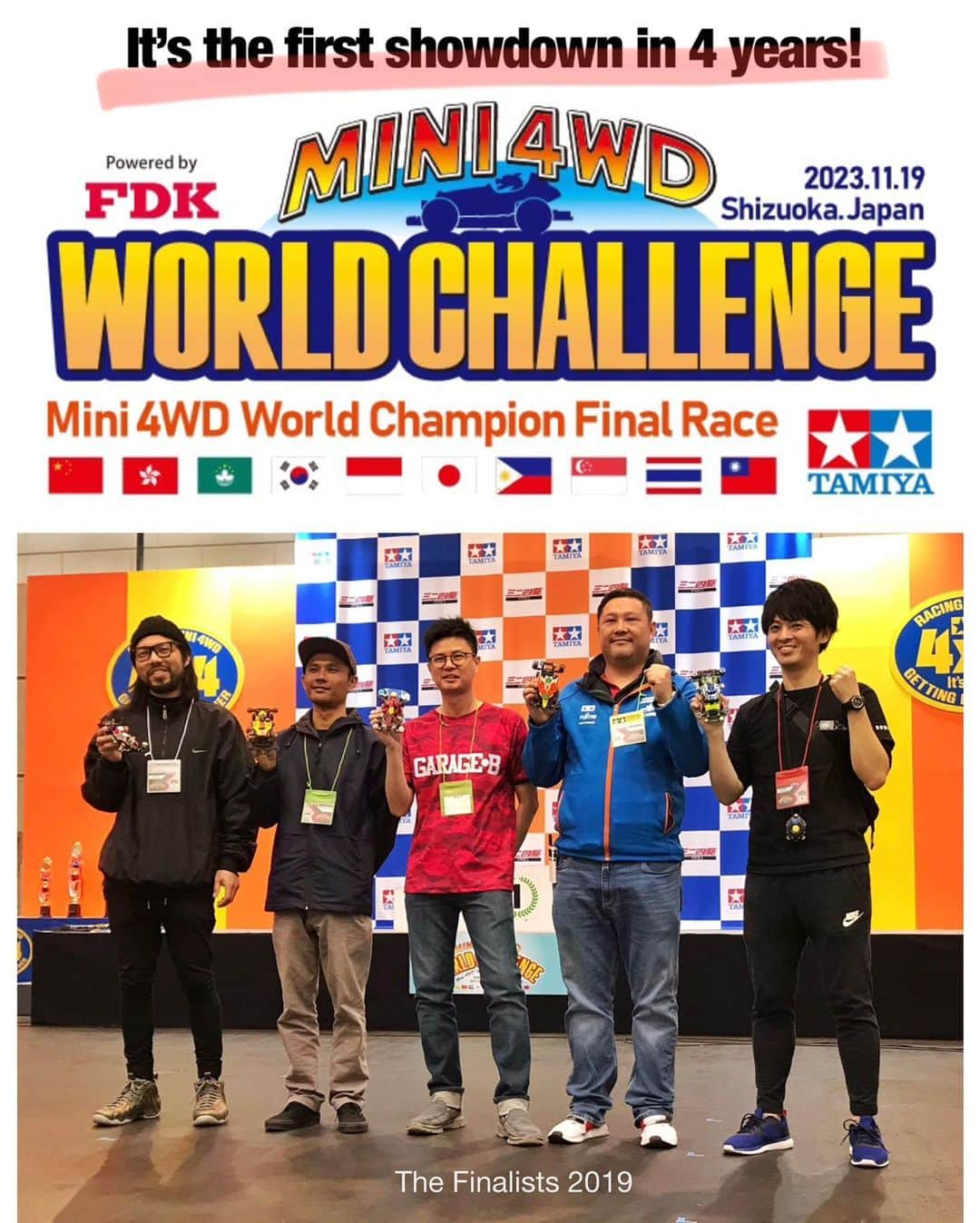 ミニ四駆さんのインスタグラム写真 - (ミニ四駆Instagram)「ミニ四駆ワールドチャレンジ2023 Mini4wd World Challenge 2023 2023年11月18日開催 会場：ツインメッセ静岡 協力：FDK株式会社  🏁海外代表選手 アジア9の国および地域計41名 🇨🇳中国代表：8名 🇹🇭タイ代表：7名 🇰🇷韓国代表：6名 🇵🇭フィリピン代表：5名 🇹🇼台湾代表　5名 🇮🇩インドネシア代表：4名 🇭🇰香港代表：3名 🇸🇬シンガポール代表：2名 🇲🇴マカオ代表：1名 🇯🇵日本国内代表選手 2023チャンピオンズ認定者98名  当日はYouTubeタミヤチャンネルで生配信を予定しています。世界最速レーサー決定の瞬間を見逃がすな！  #mini4wd #tamiyamini4wd #tamiya #ミニ四駆  #タミヤ」11月13日 14時35分 - tamiya_mini4wd