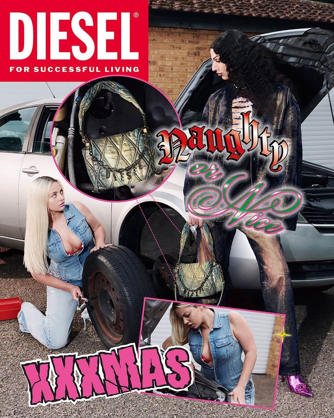 ディーゼルのインスタグラム：「Dear Santa…   I’ve been a very good girl this year. All I want this holiday season is for the sexy mechanic from the body shop to get on her knees and rotate my tires. And a new Diesel D-Charm bag. Pretty please.    Discover Diesel XXXmas. Our holiday campaign inspired by DIY 90s porn cliches is a playful celebration of humor, individuality, inclusivity and sex positivity created to get you a festive and frisky mood.    Creative Director: @glennmartens Art Director: Christopher Simmonds Photographer: @retoschmidd  Styling: @ursinagysi   Discover more at the link in bio.   #ForSuccessfulLiving」