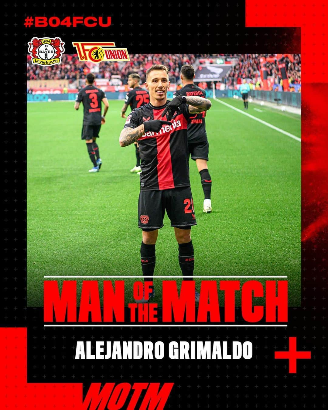 バイエル・レバークーゼンのインスタグラム：「🏅 man of the match 🫶 🅰️LEJANDRO #GRIMALDO #motm 🔙 #B04FCU 4-0 #Bayer04 #Werkself @grimaldo35」