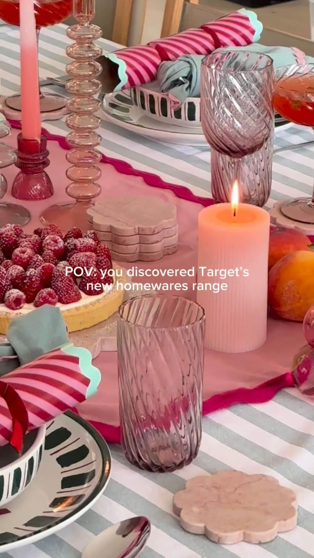 Target Australiaのインスタグラム：「New homewares have dropped just in time for the party season 💞  Products featured - Marble Board & Cheese Knife Set - Marble Coasters - Eva Swirl Glassware  - Table Runner - Ribbed Pillar Candle -」